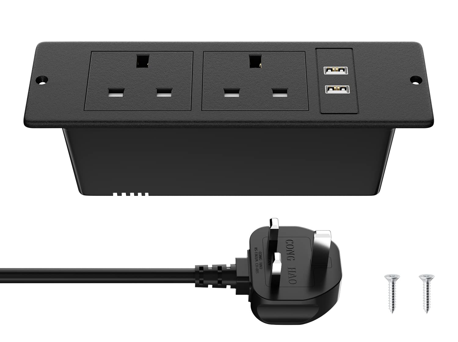 Recessed Power Strip with USB C PD20W, Desk Power Socket with USB, Power Extension Lead 2 Outlets 2 Screws, Hidden in Furniture Desk Table, 2M/6.6FT Cable, Black