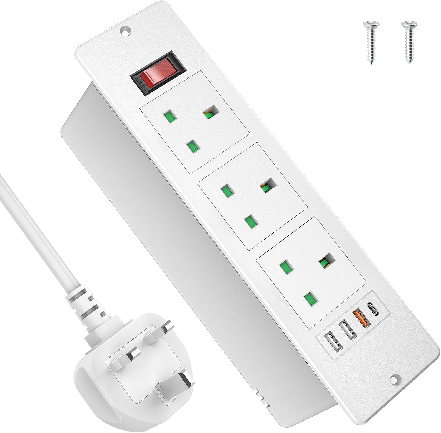 Recessed Power Strip with USB C PD20W, Desk Power Socket Extension Lead with Switch, Power Strip with 3 Outlets 3 USB for Furniture Kitchen Worktops, 2M Cable, White