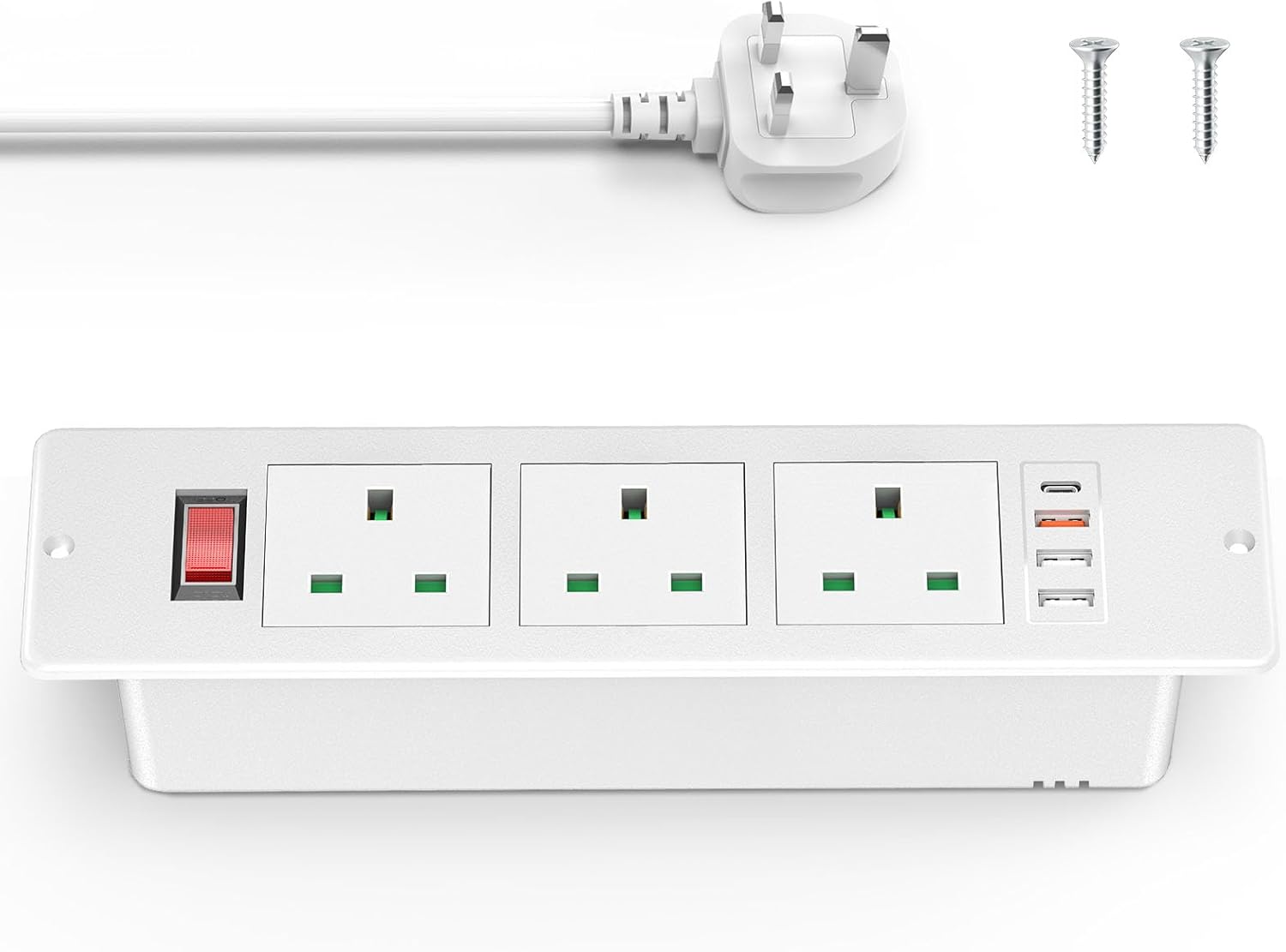 Recessed Power Strip with USB C PD20W, Desk Power Socket Extension Lead with Switch, Power Strip with 3 Outlets 3 USB for Furniture Kitchen Worktops, 2M Cable, White
