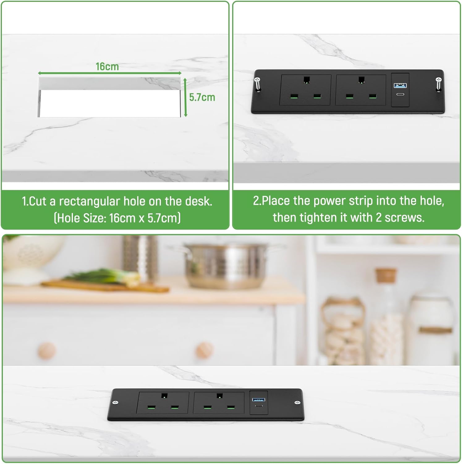 Recessed Power Strip with USB C PD20W, Desk Power Socket with USB, Power Extension Lead 2 Outlets 2 Screws, Hidden in Furniture Desk Table, 2M/6.6FT Cable, Black