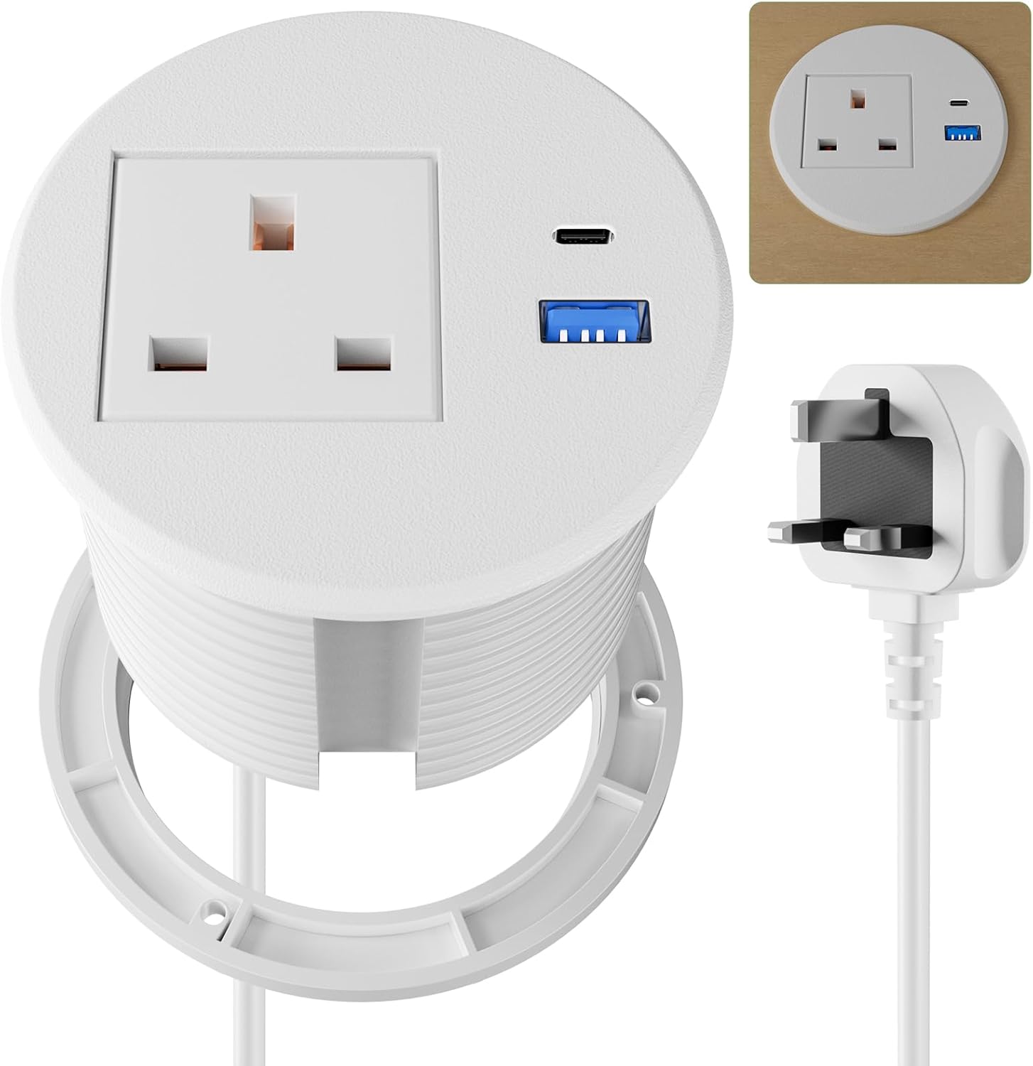 Power Strip USB C PD20W, Desk Socket With USB, Power Grommet 80MM, Recessed Socket Extension Lead 2M Cord, White