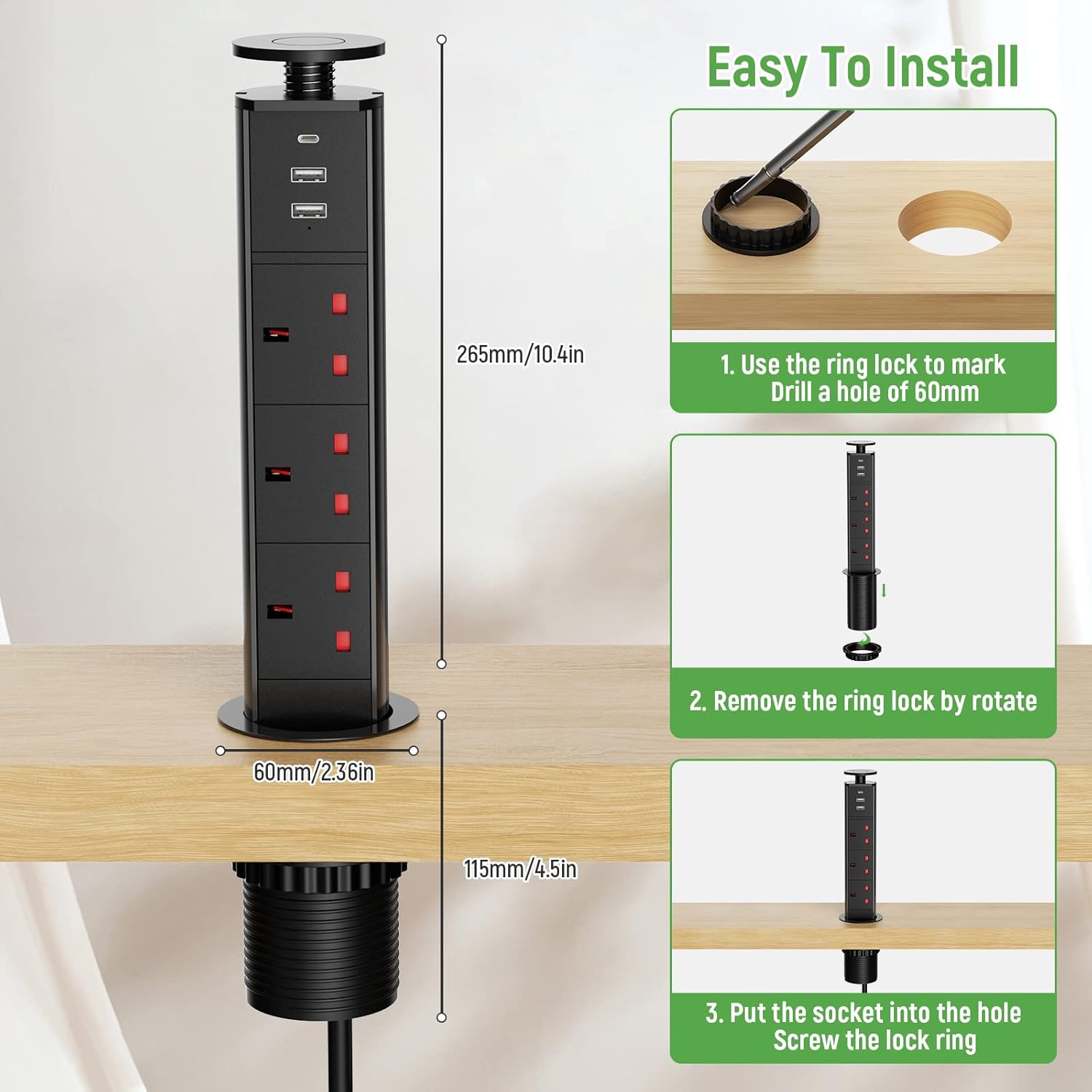 HANNELORE Pull Up Plug Sockets with USB C PD20W, Pop Up Sockets Extension 3 Outlets and 2 USB, Recessed Hidden Power Socket For Kitchen Worktops Desktop Home and Office, 13A/3250W, 1.8M Cable, Black