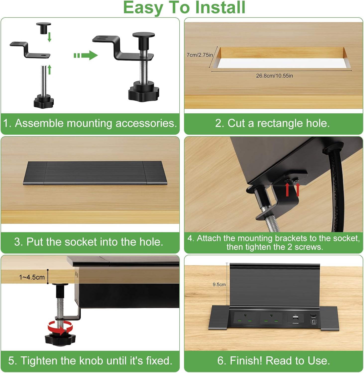 Desk Power Strip with USB C PD20W, Aluminum Recessed Power Socket with Cover, HDMI, RJ45 Port, Desk Extension Lead with USB, 2M Cable, Black