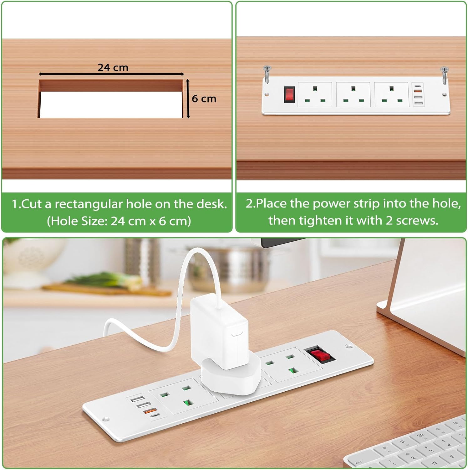 Recessed Power Strip with USB C PD20W, Desk Power Socket Extension Lead with Switch, Power Strip with 3 Outlets 3 USB for Furniture Kitchen Worktops, 2M Cable, White