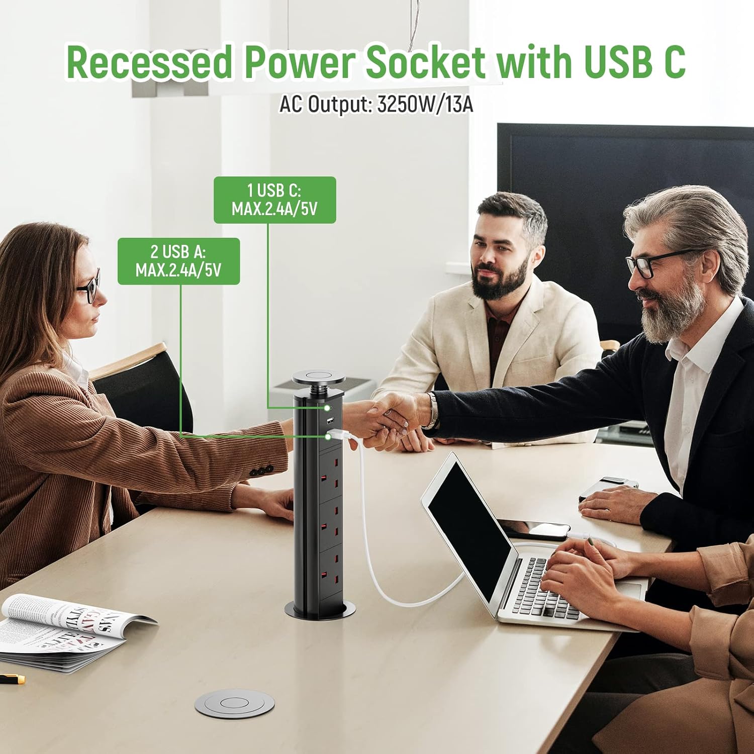 HANNELORE Pull Up Plug Sockets with USB C PD20W, Pop Up Sockets Extension 3 Outlets and 2 USB, Recessed Hidden Power Socket For Kitchen Worktops Desktop Home and Office, 13A/3250W, 1.8M Cable, Black