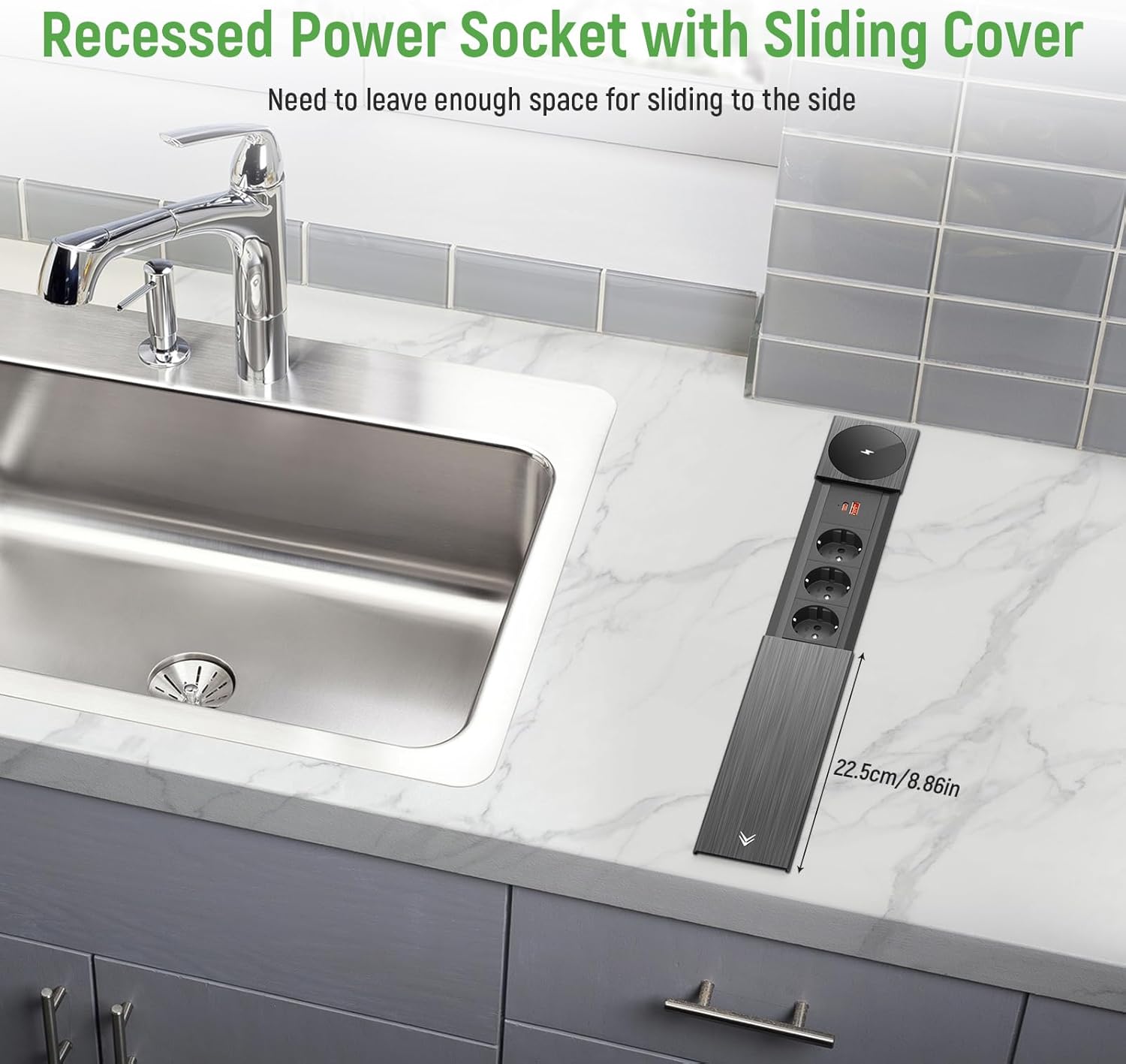 Tischsteckdose 3 Fach mit USB C PD20W, Einbau Steckdosenleiste mit USB und 15W Kabellosem Ladegerät, Metall Deckel, Einbausteckdose Versenkbare Steckdose für Schreibtisch Küche Büro, Schwarz, 2M Kable