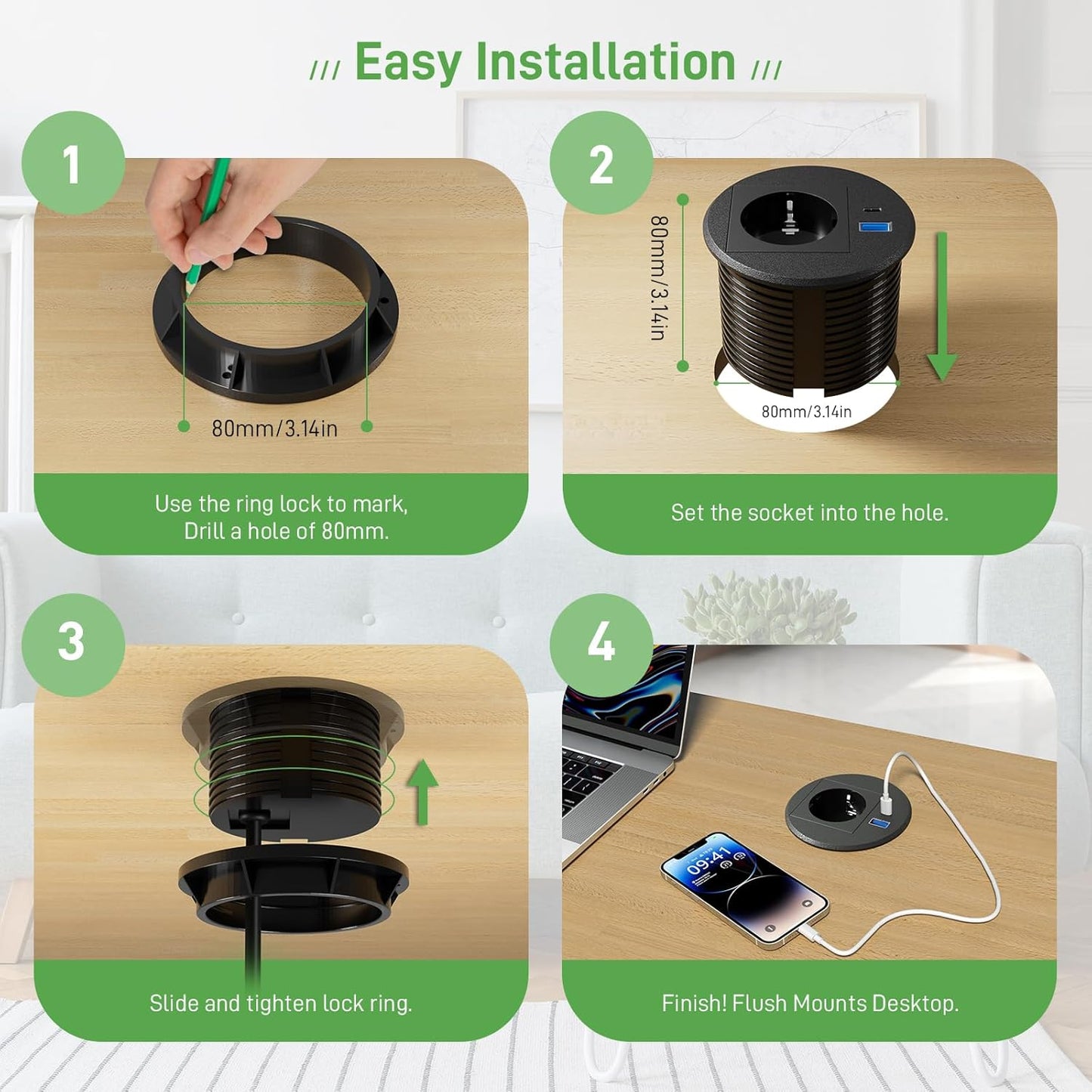Einbausteckdose mit USB C PD20W, Versenkbare Steckdose mit USB, Einbau Steckdosenleiste für Schreibtisch Arbeitsplatte, 2M Kabel, Schwarz