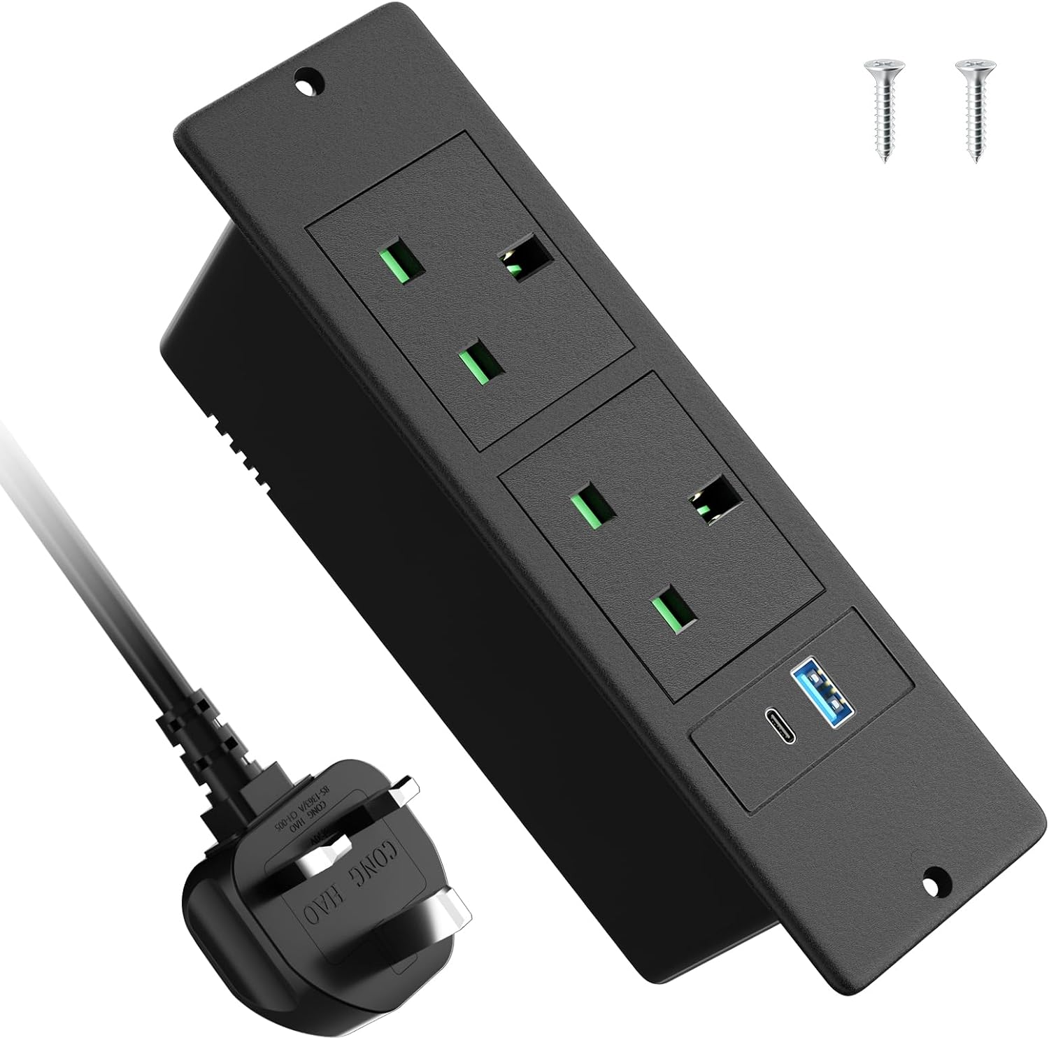 Recessed Power Strip with USB C PD20W, Desk Power Socket with USB, Power Extension Lead 2 Outlets 2 Screws, Hidden in Furniture Desk Table, 2M/6.6FT Cable, Black