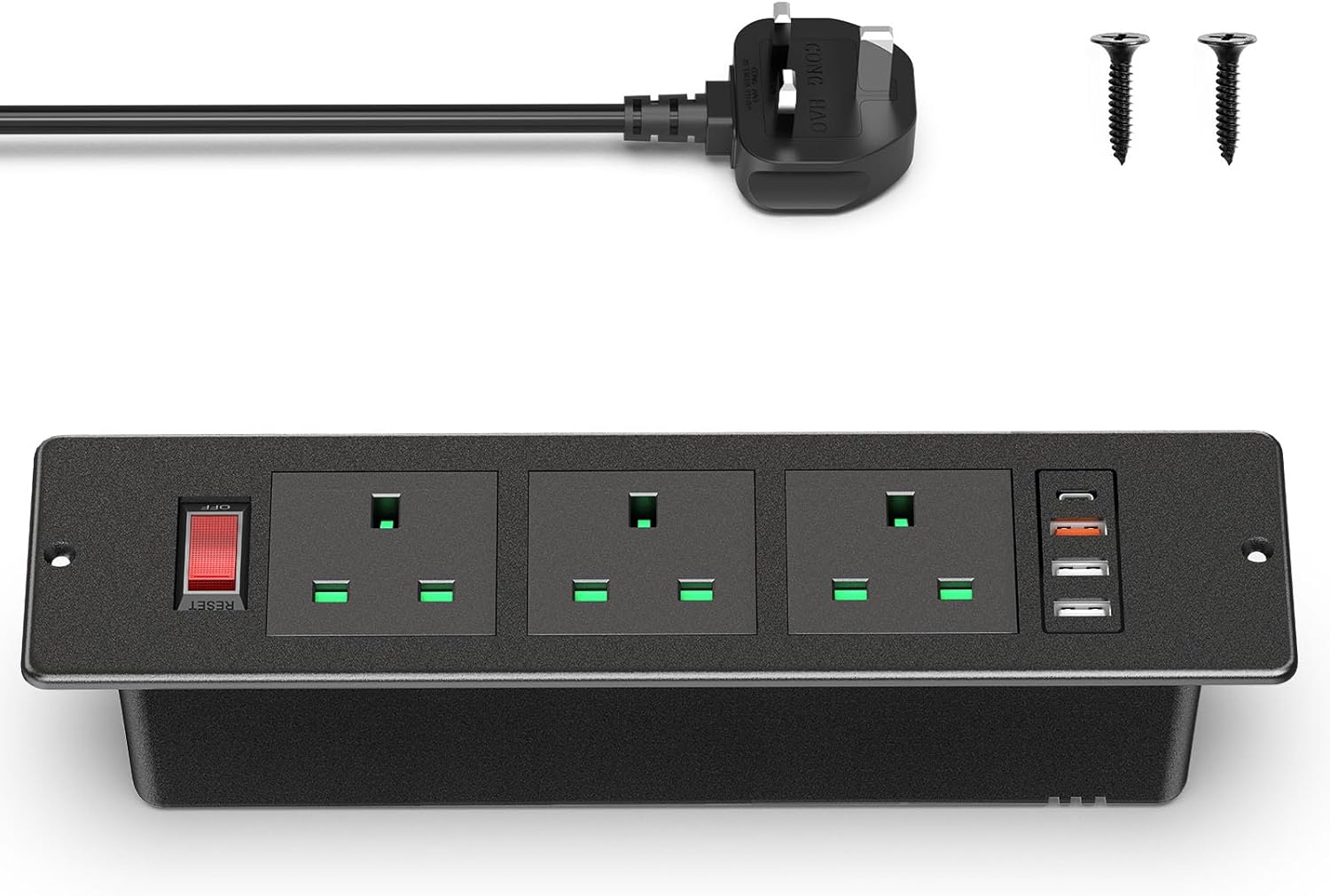 Desk Power Socket with USB C PD20W, Recessed Power Strip 3 Outlets and 3 USB, Desk Power Extension Lead with Switch for Furniture Kitchen Worktops, 2M Cable, Black, HANNELORE