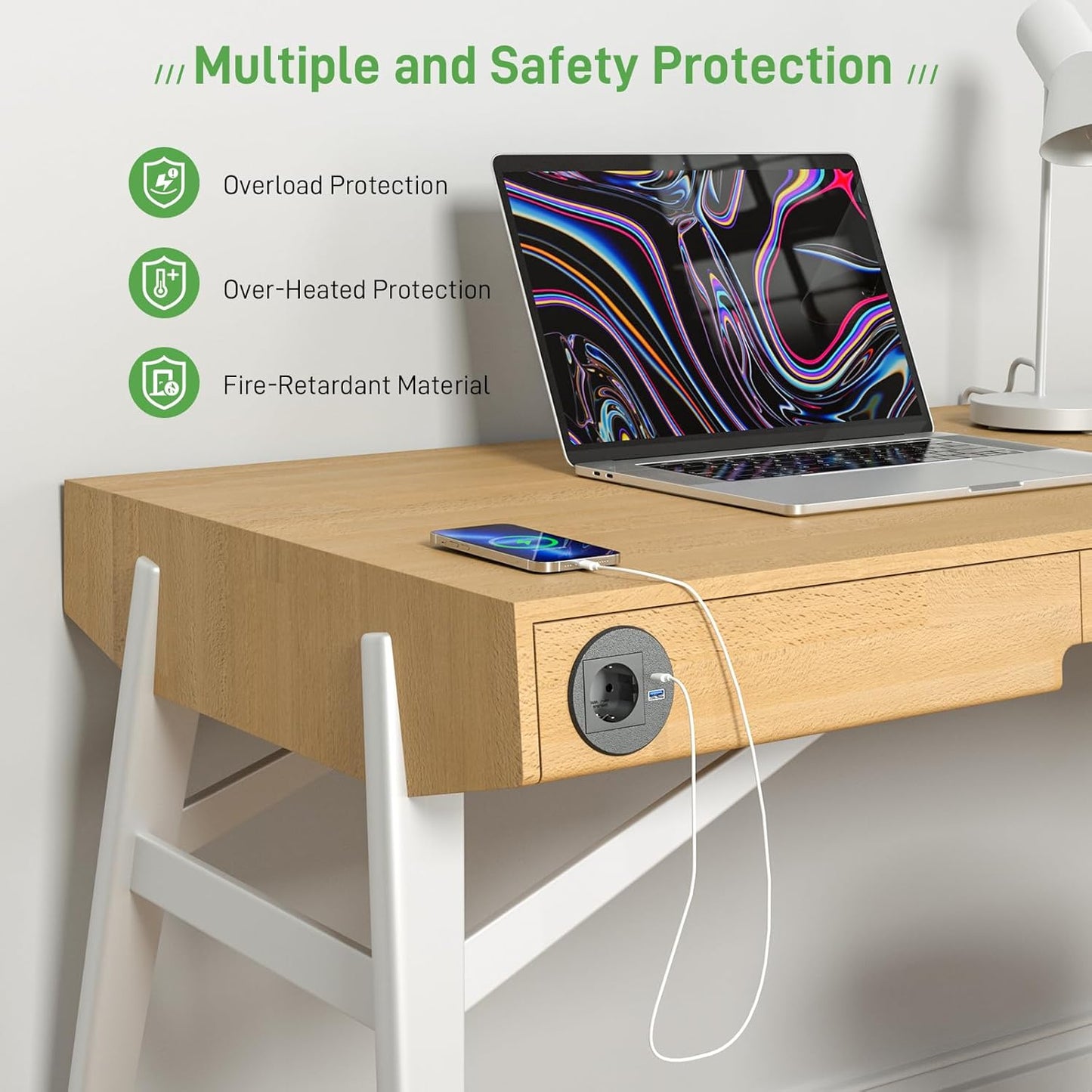 Einbausteckdose mit USB C PD20W, Versenkbare Steckdose mit USB, Einbau Steckdosenleiste für Schreibtisch Arbeitsplatte, 2M Kabel, Schwarz