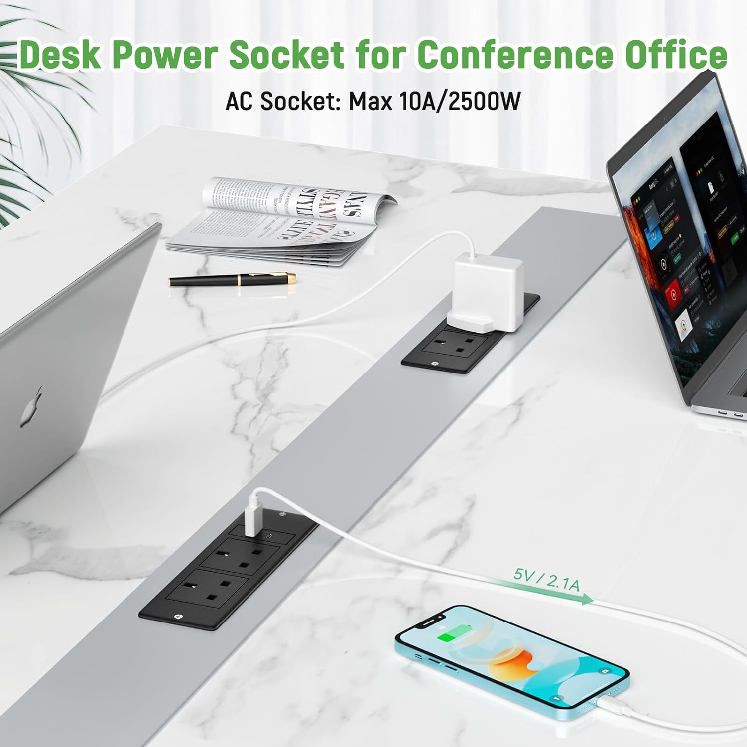 Recessed Power Strip with USB C PD20W, Desk Power Socket with USB, Power Extension Lead 2 Outlets 2 Screws, Hidden in Furniture Desk Table, 2M/6.6FT Cable, Black