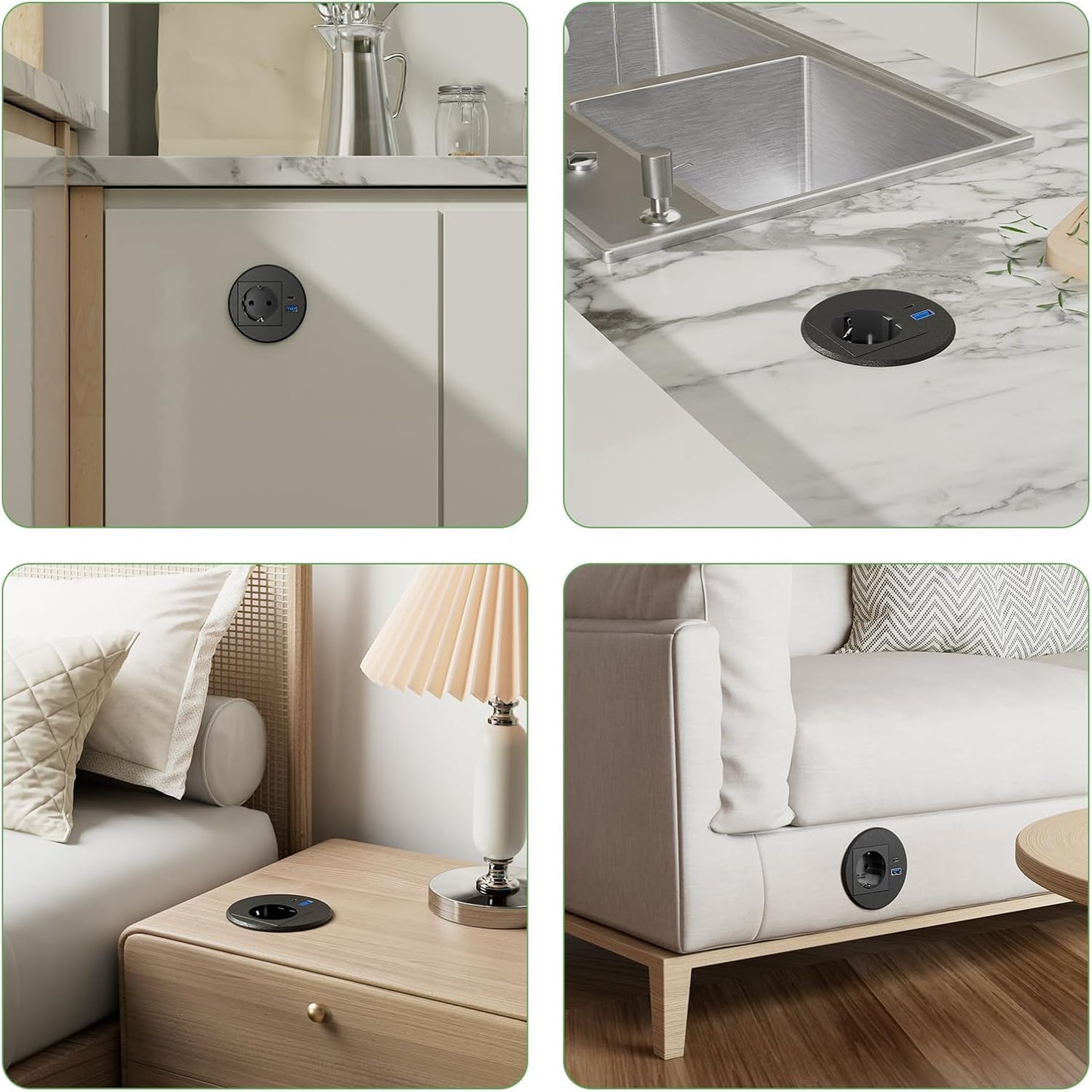 Einbausteckdose mit USB C PD20W, Versenkbare Steckdose mit USB, Einbau Steckdosenleiste für Schreibtisch Arbeitsplatte, 2M Kabel, Schwarz