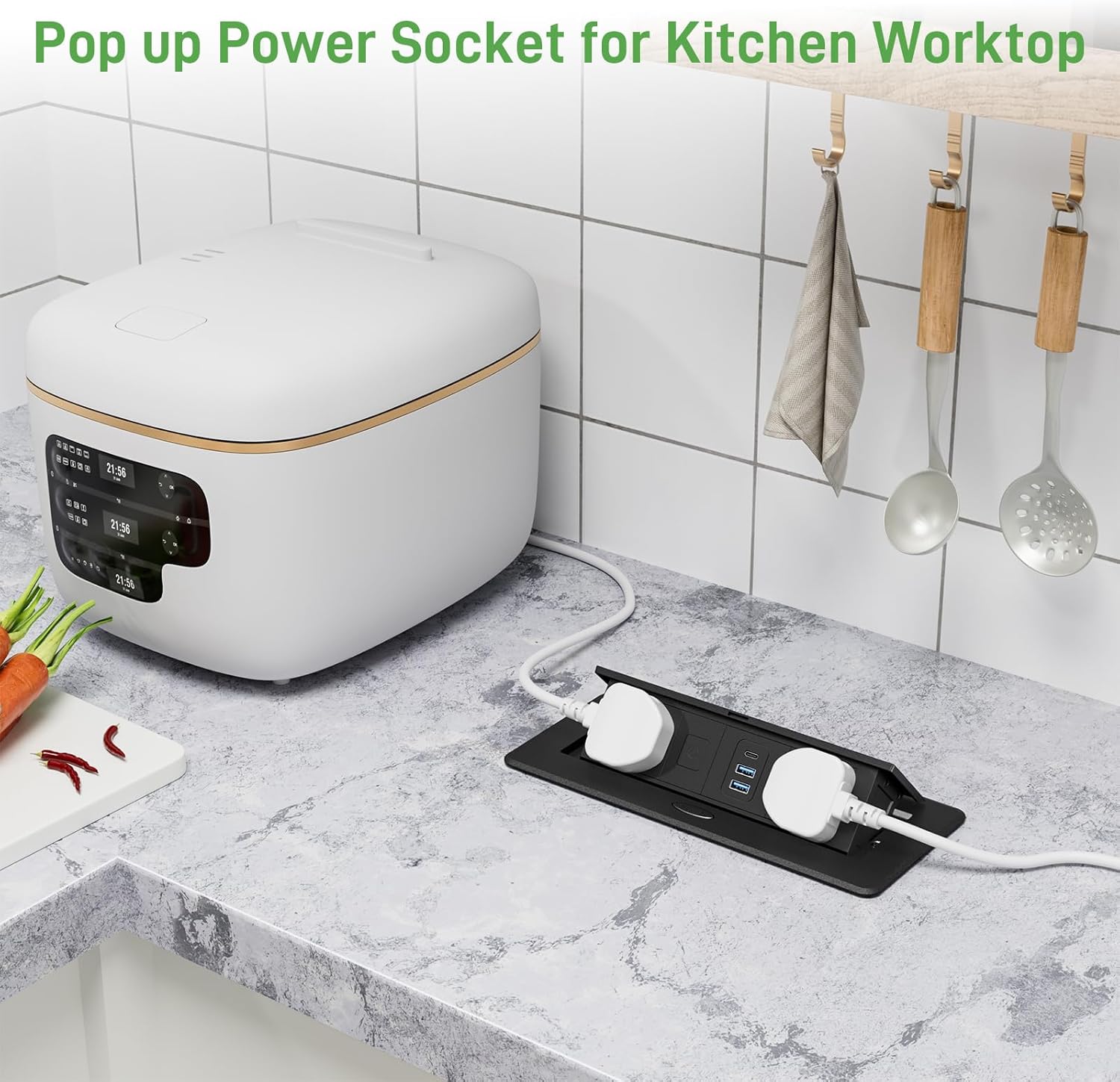 Recessed Power Strip with USB C PD 20W, Pop Up Sockets with Switch for Kitchen Worktops, Desk Power Socket 2 UK Plug and 2 USB A, Metal Shell, 1.8M Cable, Black