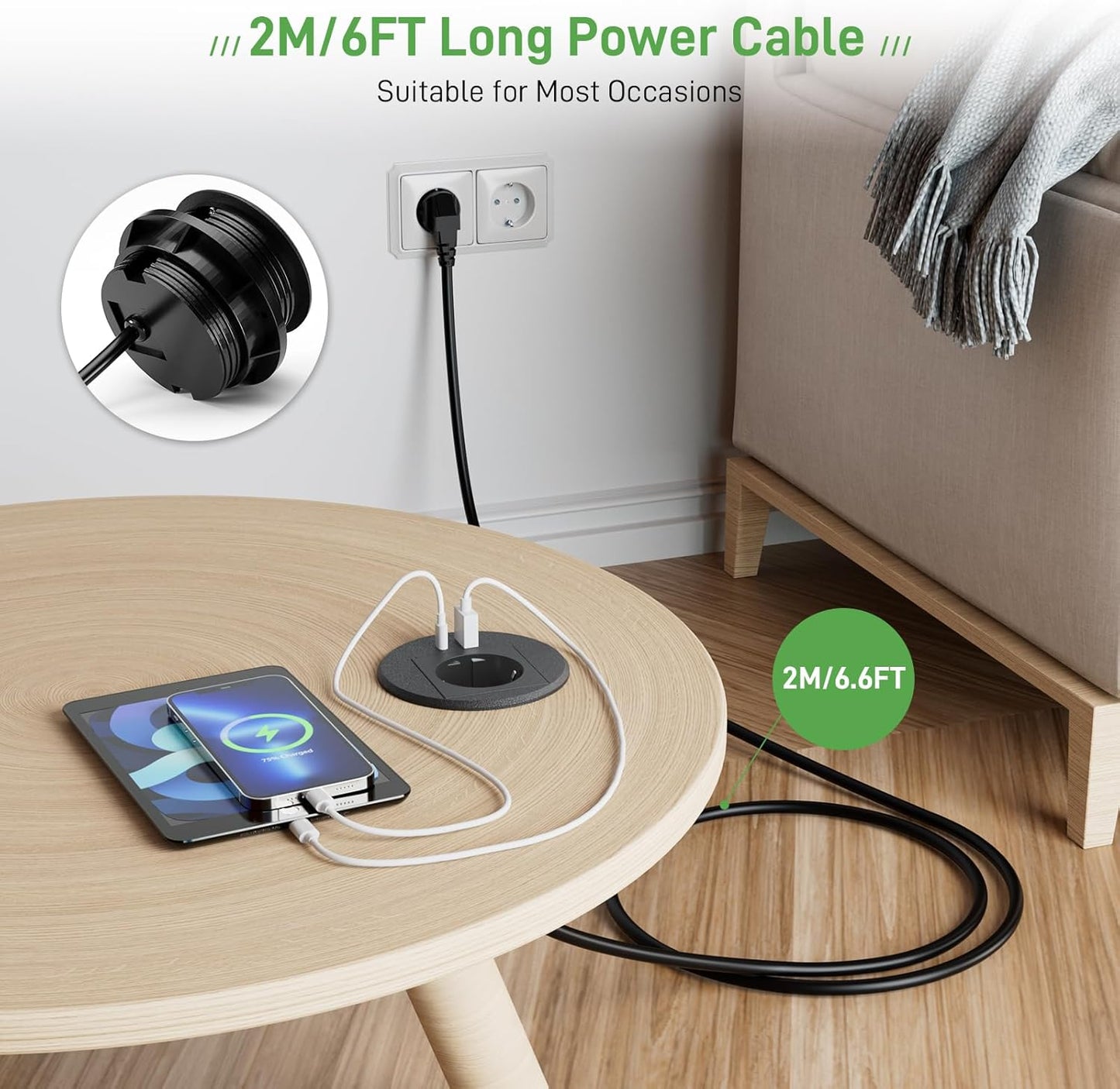 Einbausteckdose mit USB C PD20W, Versenkbare Steckdose mit USB, Einbau Steckdosenleiste für Schreibtisch Arbeitsplatte, 2M Kabel, Schwarz