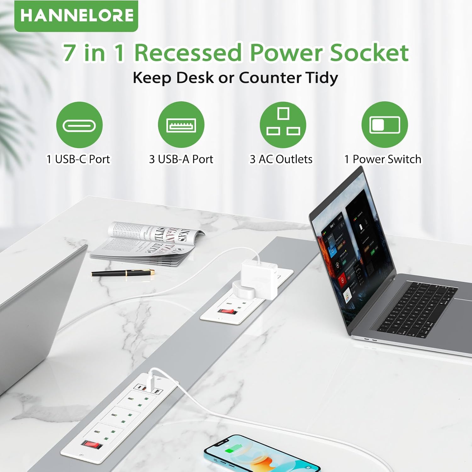 Recessed Power Strip with USB C PD20W, Desk Power Socket Extension Lead with Switch, Power Strip with 3 Outlets 3 USB for Furniture Kitchen Worktops, 2M Cable, White