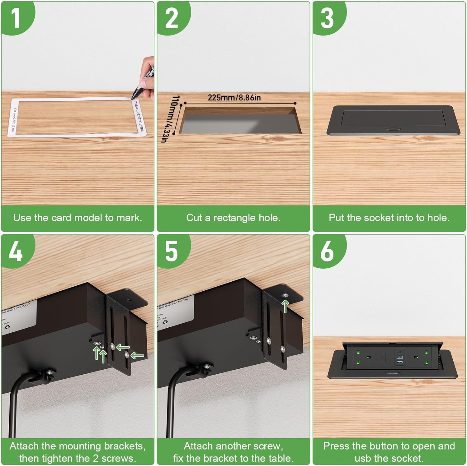 Recessed Power Strip with USB C PD 20W, Pop Up Sockets with Switch for Kitchen Worktops, Desk Power Socket 2 UK Plug and 2 USB A, Metal Shell, 1.8M Cable, Black