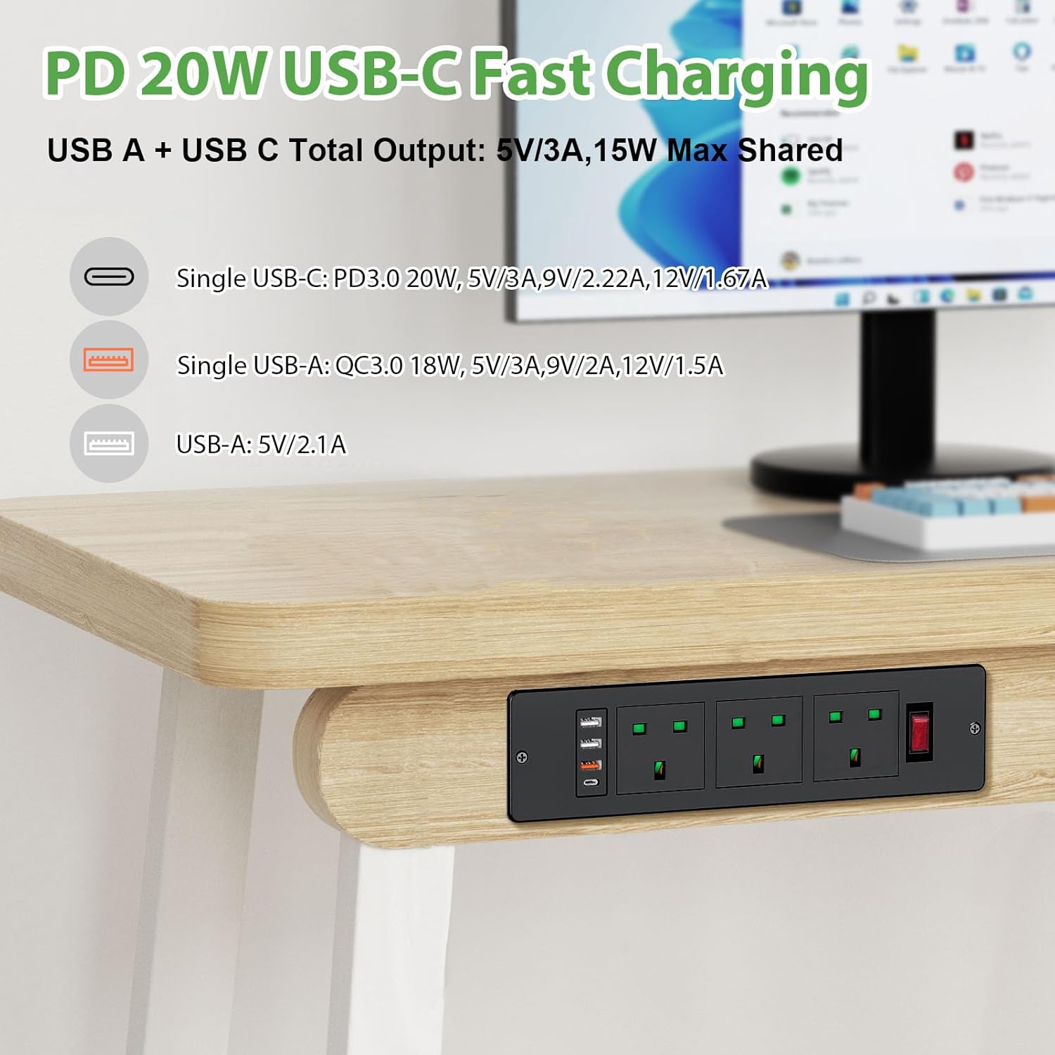 Desk Power Socket with USB C PD20W, Recessed Power Strip 3 Outlets and 3 USB, Desk Power Extension Lead with Switch for Furniture Kitchen Worktops, 2M Cable, Black, HANNELORE