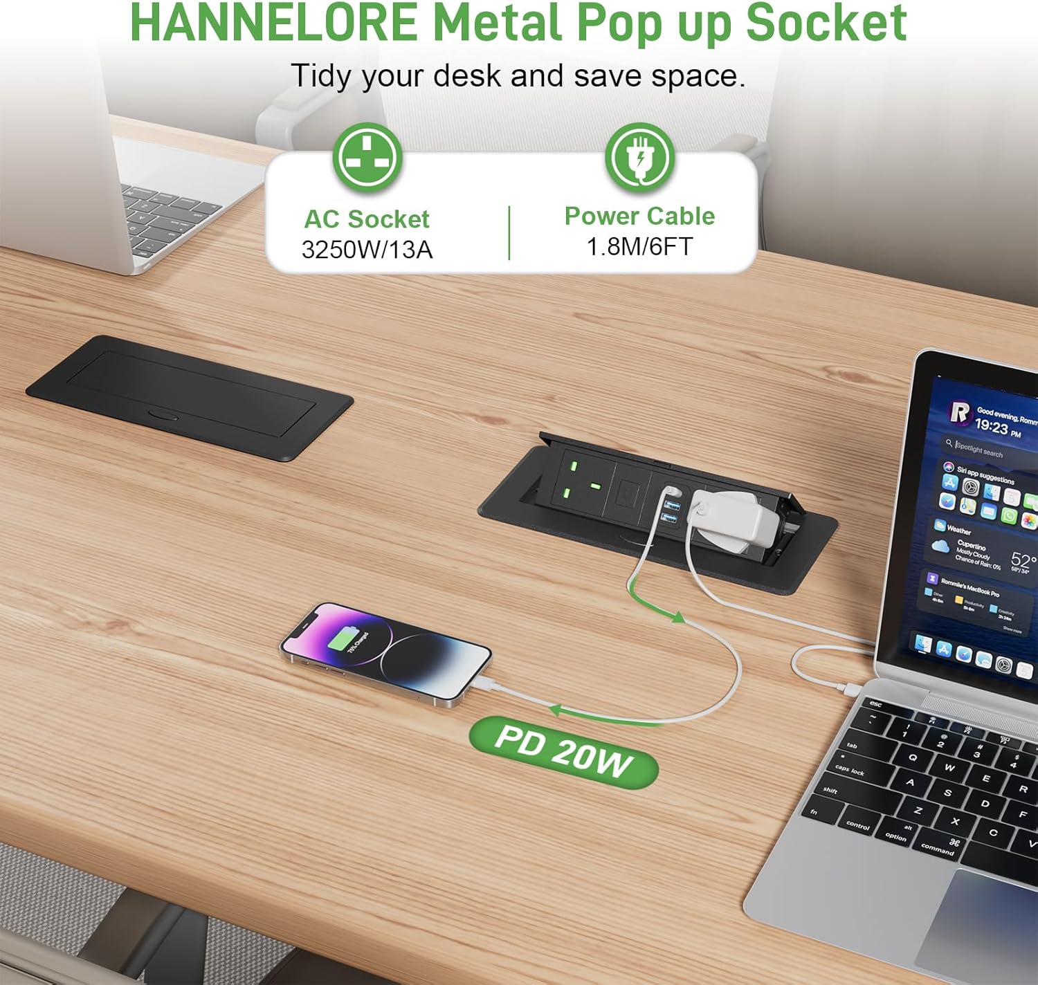 Recessed Power Strip with USB C PD 20W, Pop Up Sockets with Switch for Kitchen Worktops, Desk Power Socket 2 UK Plug and 2 USB A, Metal Shell, 1.8M Cable, Black