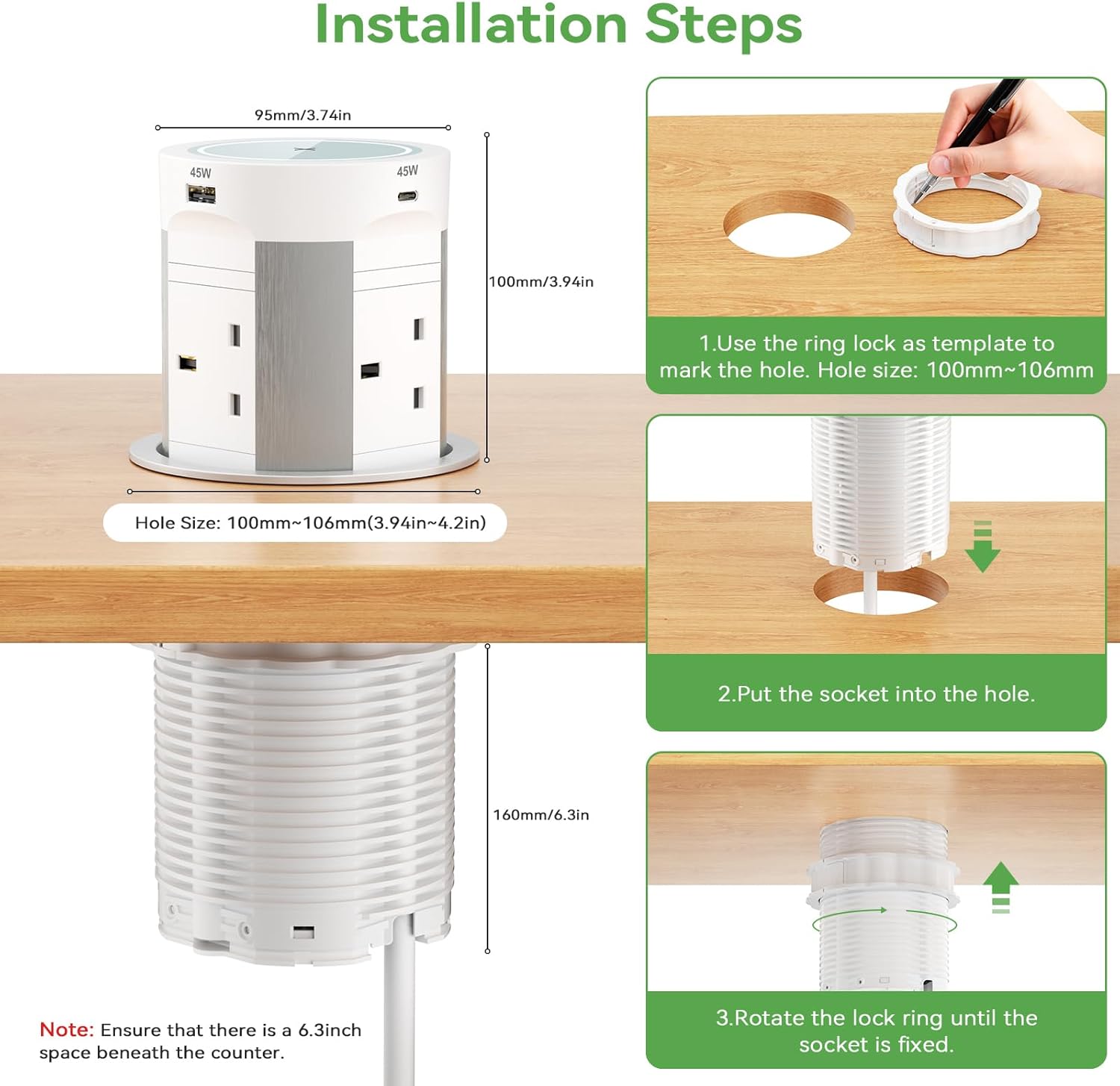 Pop Up Sockets 4 Outlets with PD 75W 2 USB-C and 15W Wireless Charging, Recessed Pop Up Power Socket for Kitchen Worktops, Pop Up Sockets with 4 USB for Conference Room, White