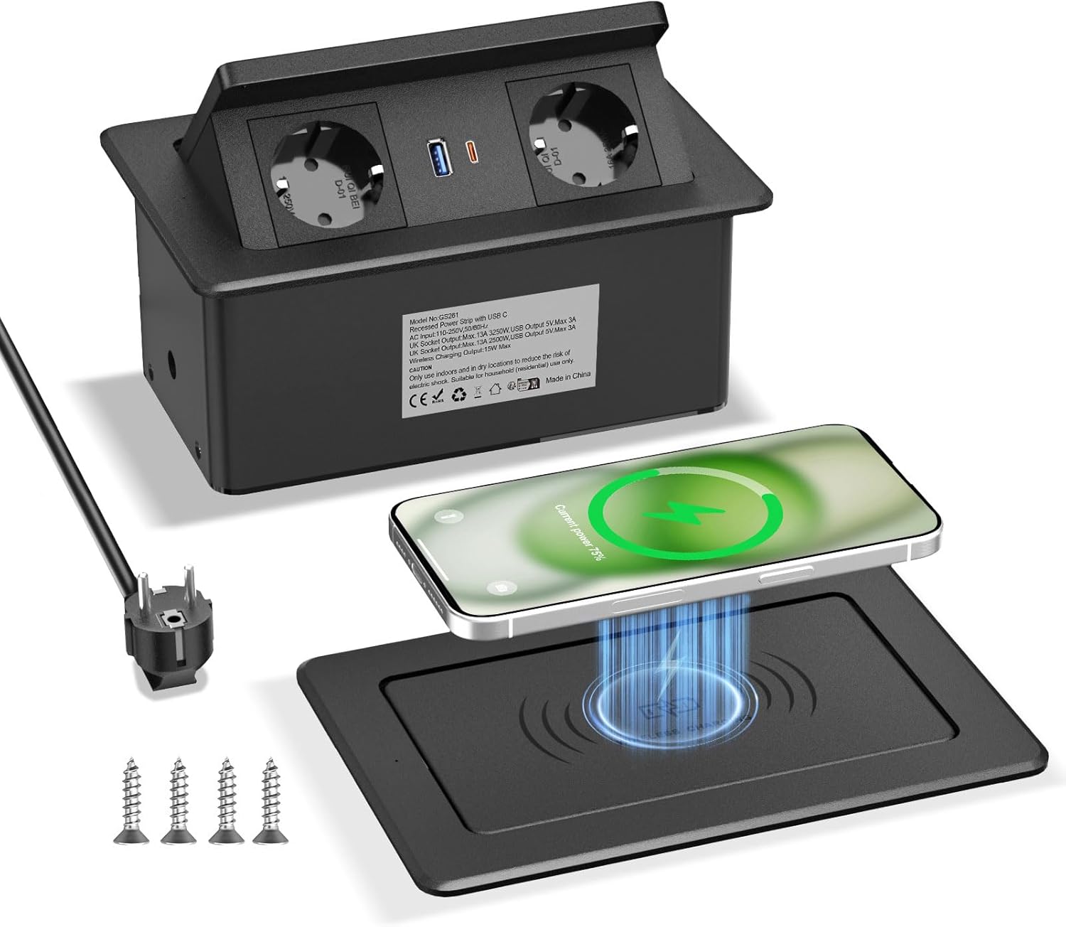 Versenkbare Steckdose mit USB C PD 20W und 15W Kabelloses Ladegerät, Tischsteckdose Versenkbar 2fach, Einbausteckdose Tischplatte Versenkbar für Arbeitsplatte Sofatisch Heim Büro, 1.8M Kable, Schwarz