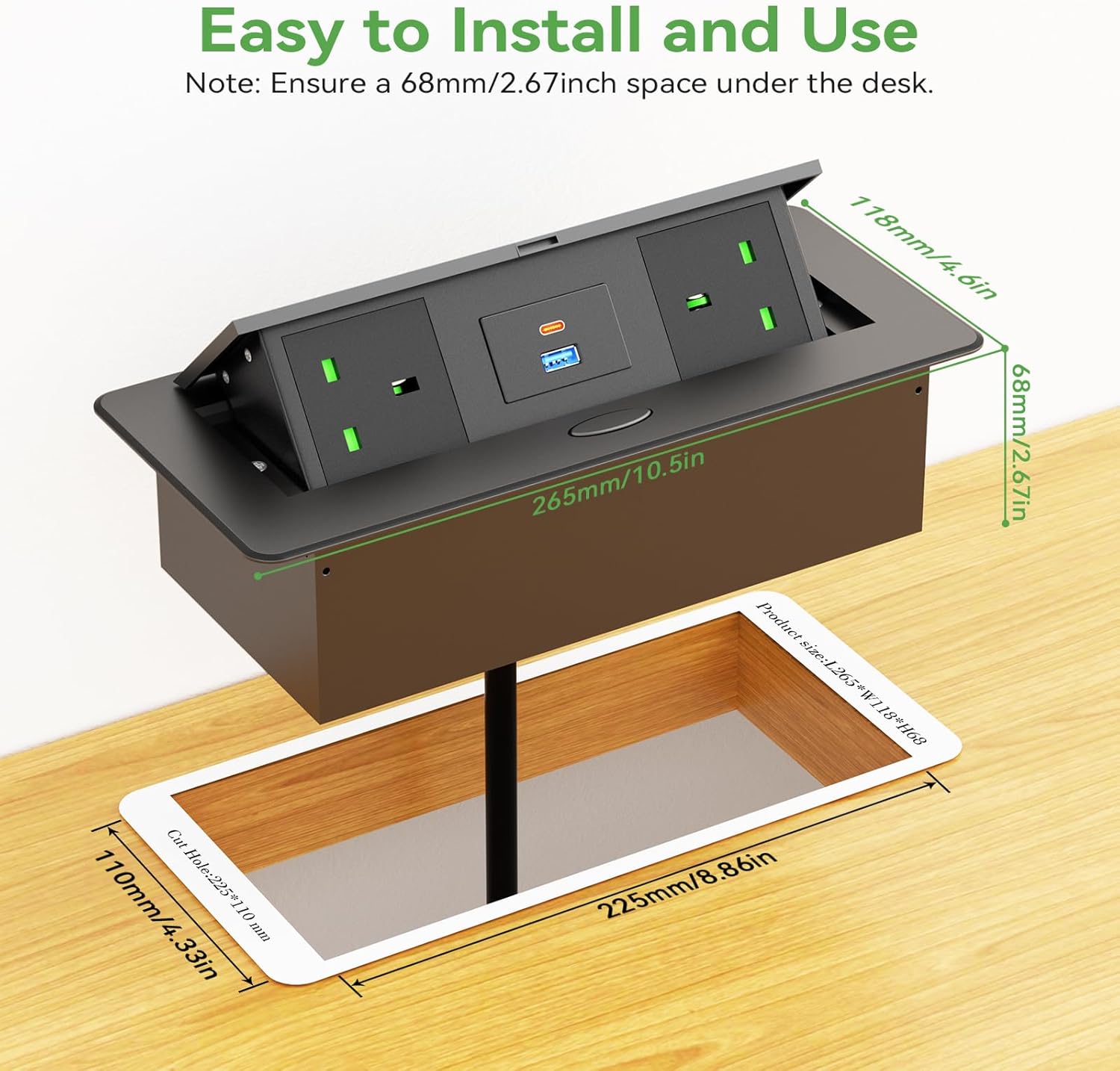 Desktop Power Socket with USB C PD20W, Aluminum Recessed Power Strip 2 UK Plug, Hidden Pop Up Sockets for Kitchen Worktops Conference Desk, Desk Power Outlet with USB C PD20W, 1.8M Cable, HANNELORE