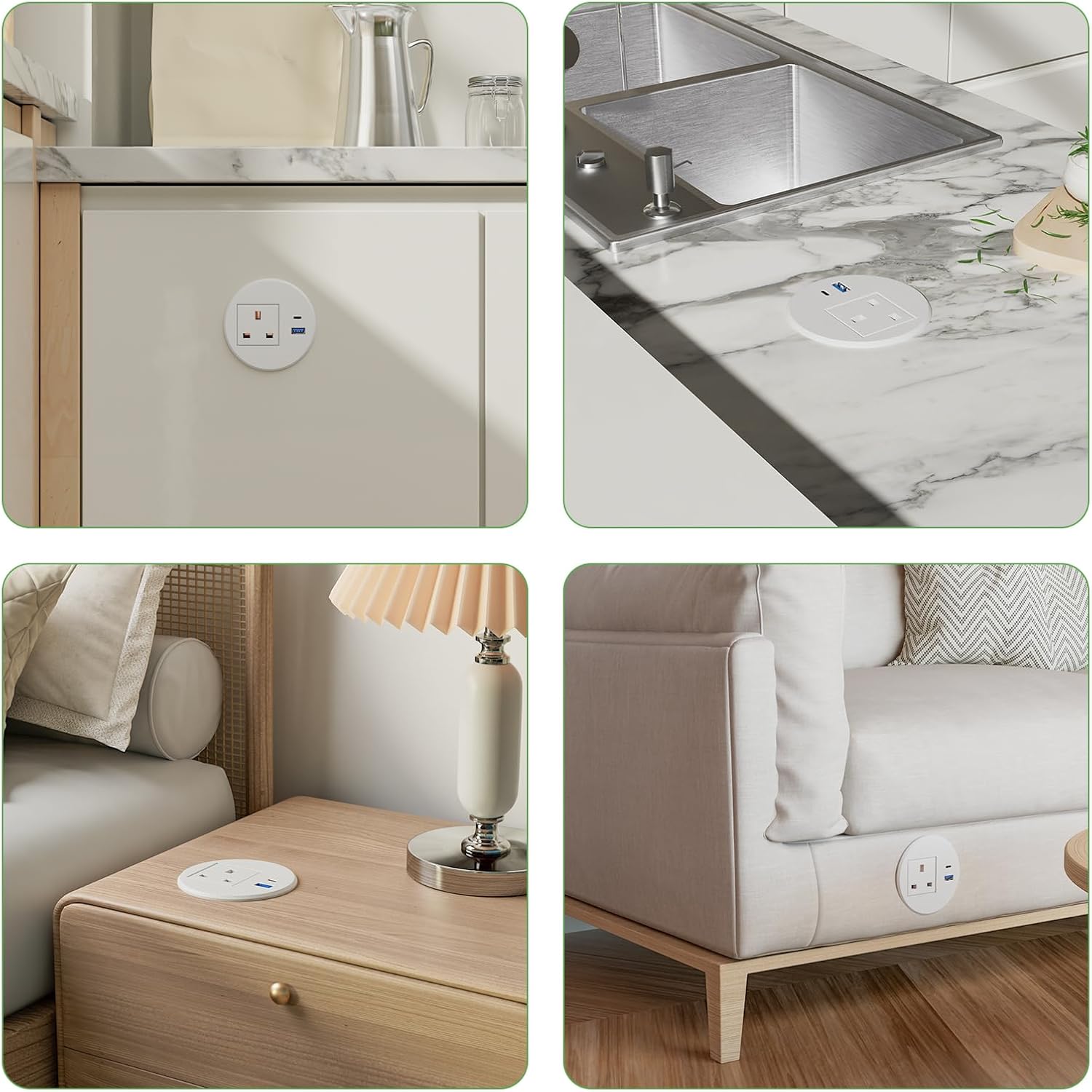 Power Strip USB C PD20W, Desk Socket With USB, Power Grommet 80MM, Recessed Socket Extension Lead 2M Cord, White