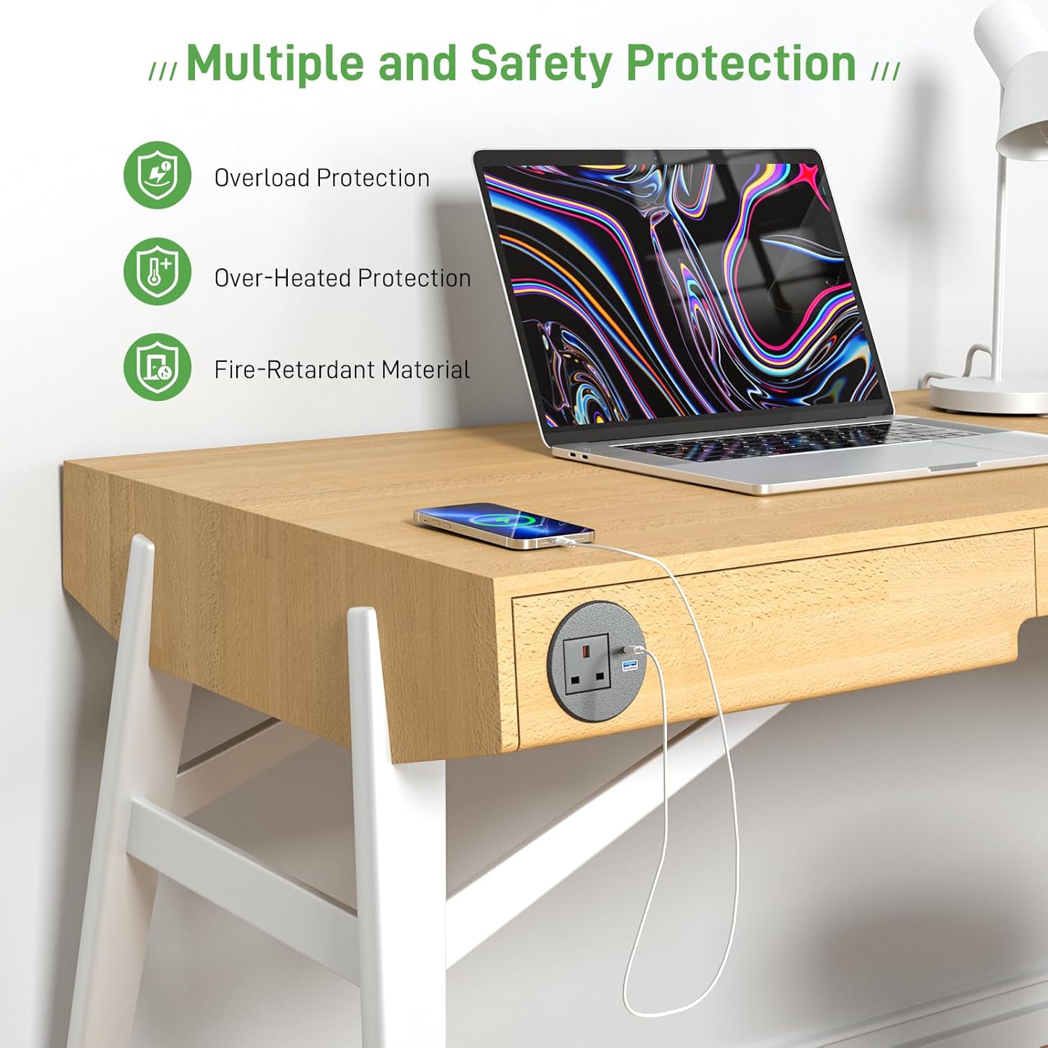 Desk Power Strip USB C PD20W, Desk Grommet Power Socket 80MM, Recessed Power Socket with USB, Desk Extension Lead 2M Extension Cord, Black