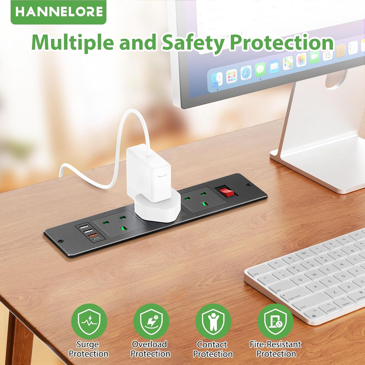 Desk Power Socket with USB C PD20W, Recessed Power Strip 3 Outlets and 3 USB, Desk Power Extension Lead with Switch for Furniture Kitchen Worktops, 2M Cable, Black, HANNELORE