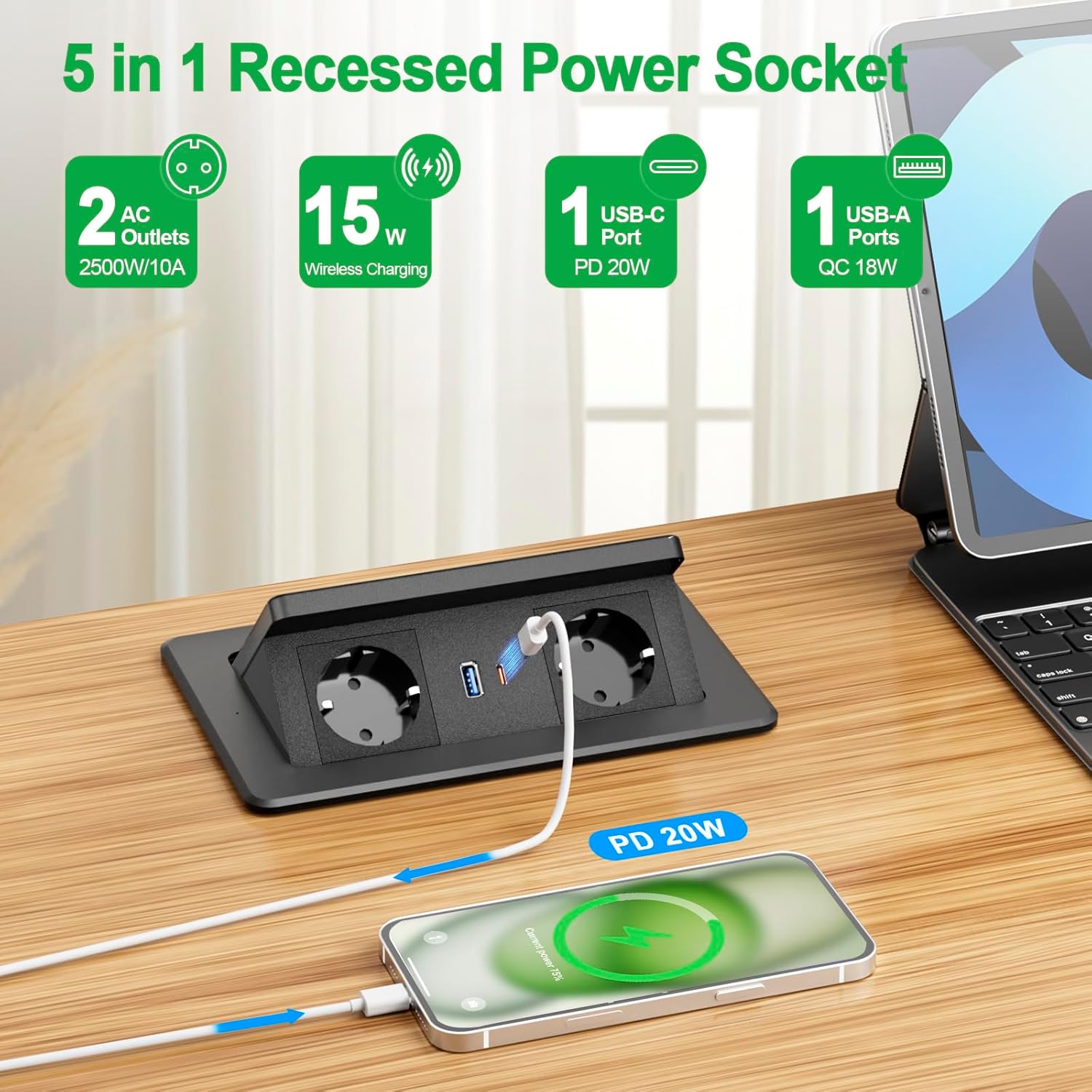 Versenkbare Steckdose mit USB C PD 20W und 15W Kabelloses Ladegerät, Tischsteckdose Versenkbar 2fach, Einbausteckdose Tischplatte Versenkbar für Arbeitsplatte Sofatisch Heim Büro, 1.8M Kable, Schwarz