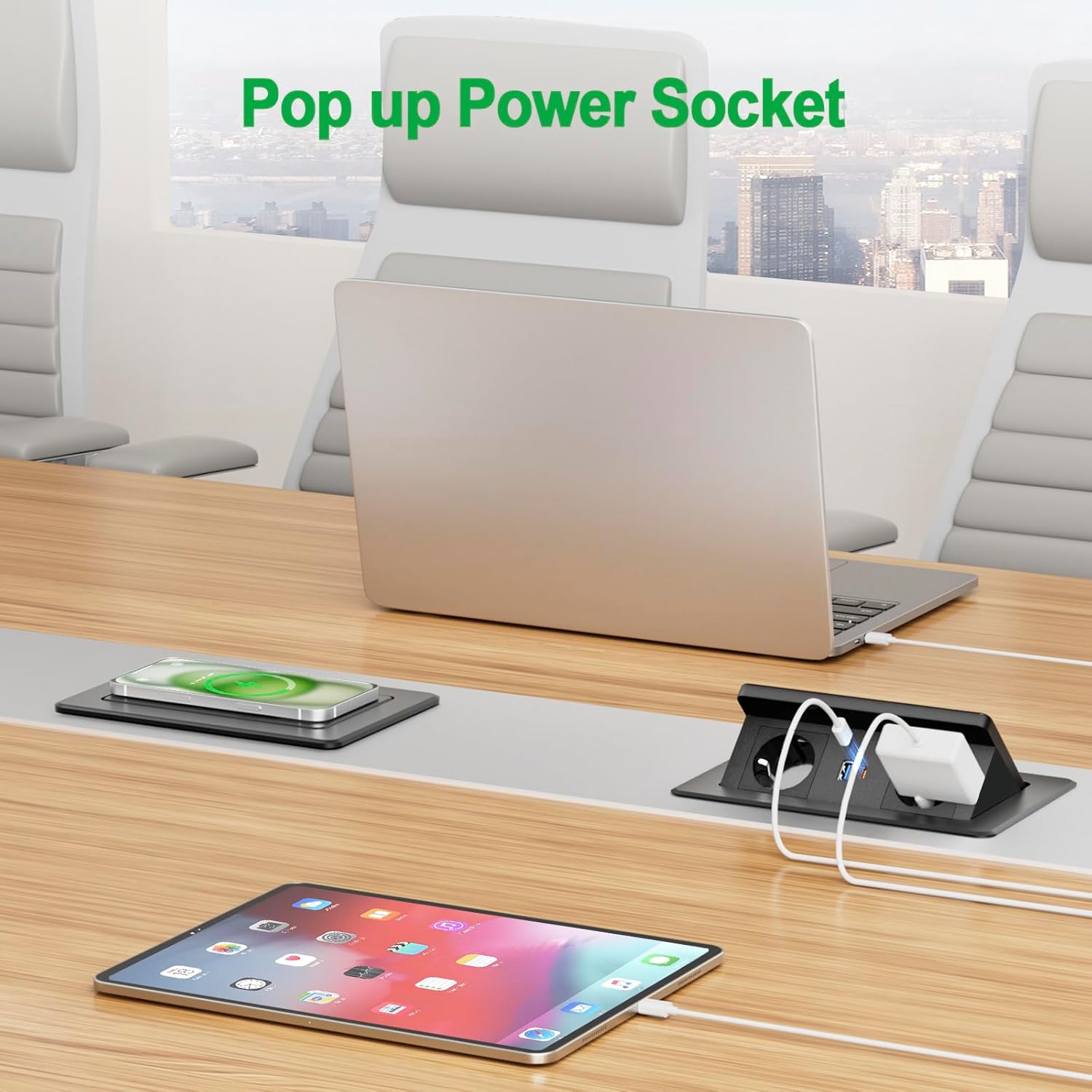 Versenkbare Steckdose mit USB C PD 20W und 15W Kabelloses Ladegerät, Tischsteckdose Versenkbar 2fach, Einbausteckdose Tischplatte Versenkbar für Arbeitsplatte Sofatisch Heim Büro, 1.8M Kable, Schwarz