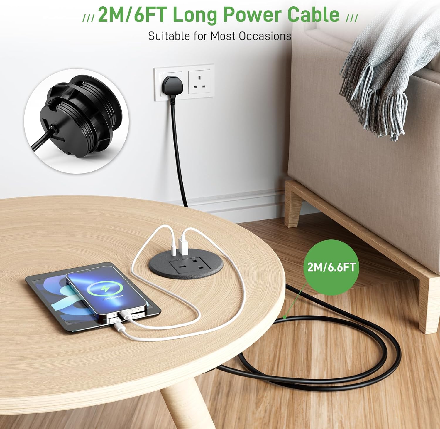 Desk Power Strip USB C PD20W, Desk Grommet Power Socket 80MM, Recessed Power Socket with USB, Desk Extension Lead 2M Extension Cord, Black