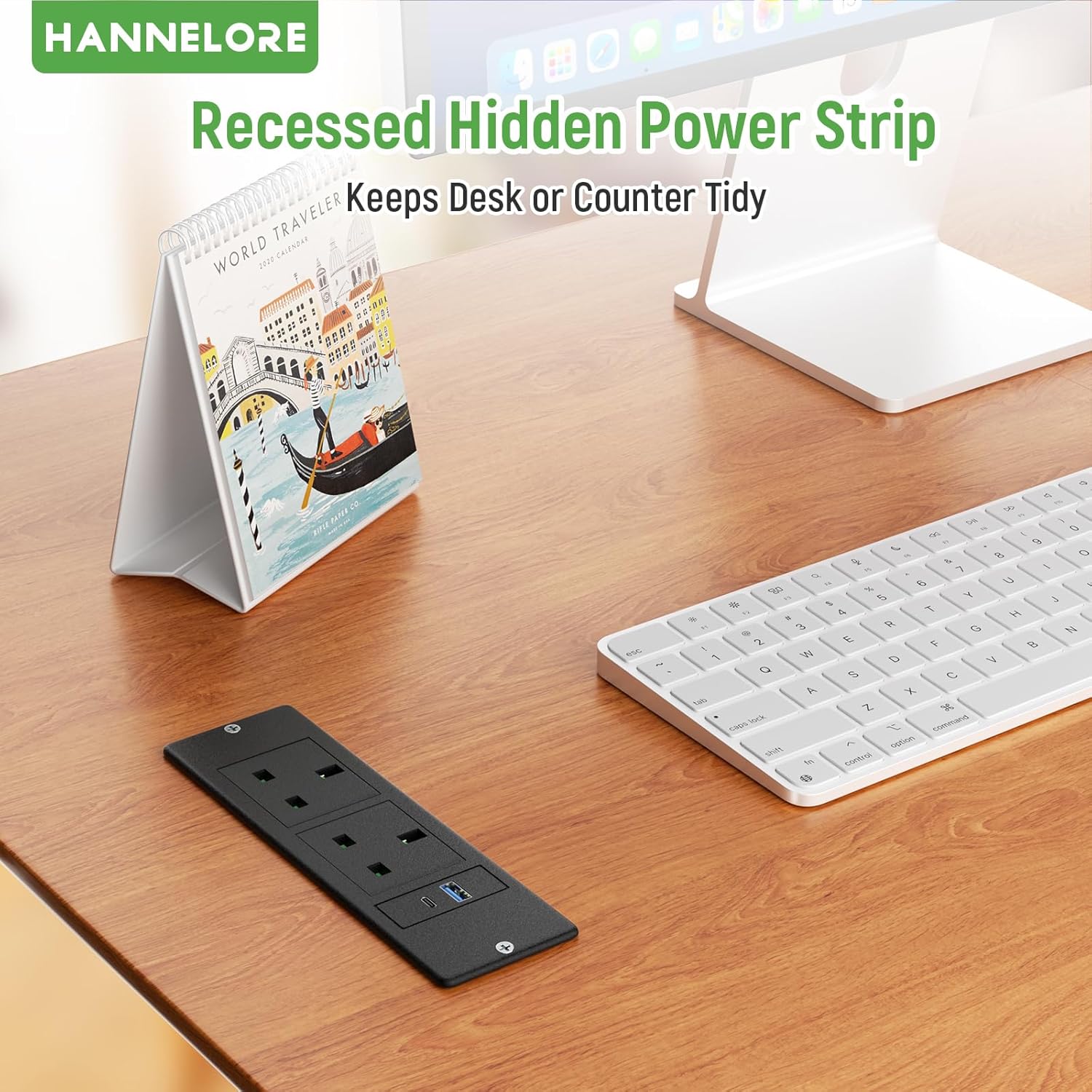 Recessed Power Strip with USB C PD20W, Desk Power Socket with USB, Power Extension Lead 2 Outlets 2 Screws, Hidden in Furniture Desk Table, 2M/6.6FT Cable, Black