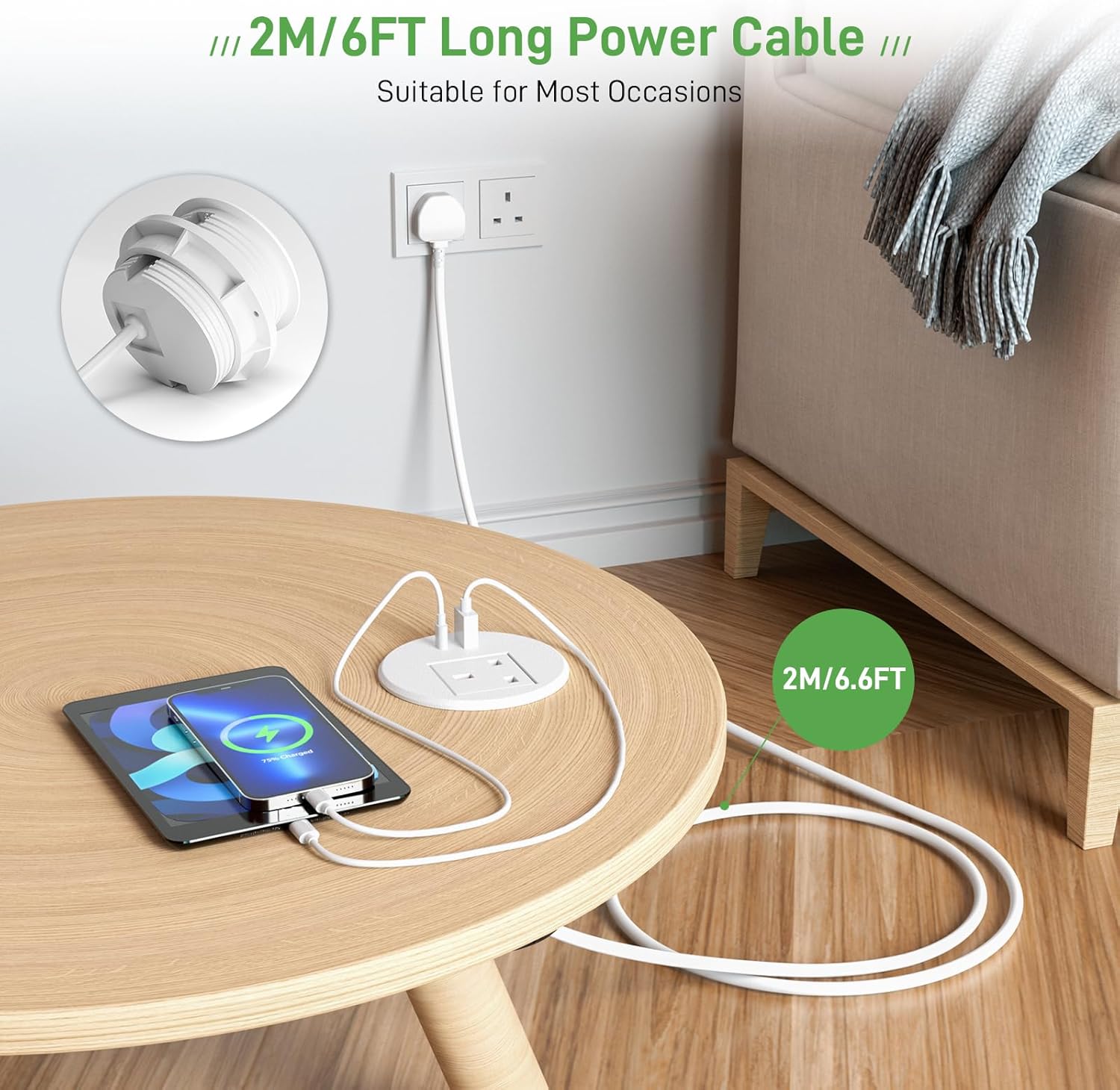 Power Strip USB C PD20W, Desk Socket With USB, Power Grommet 80MM, Recessed Socket Extension Lead 2M Cord, White