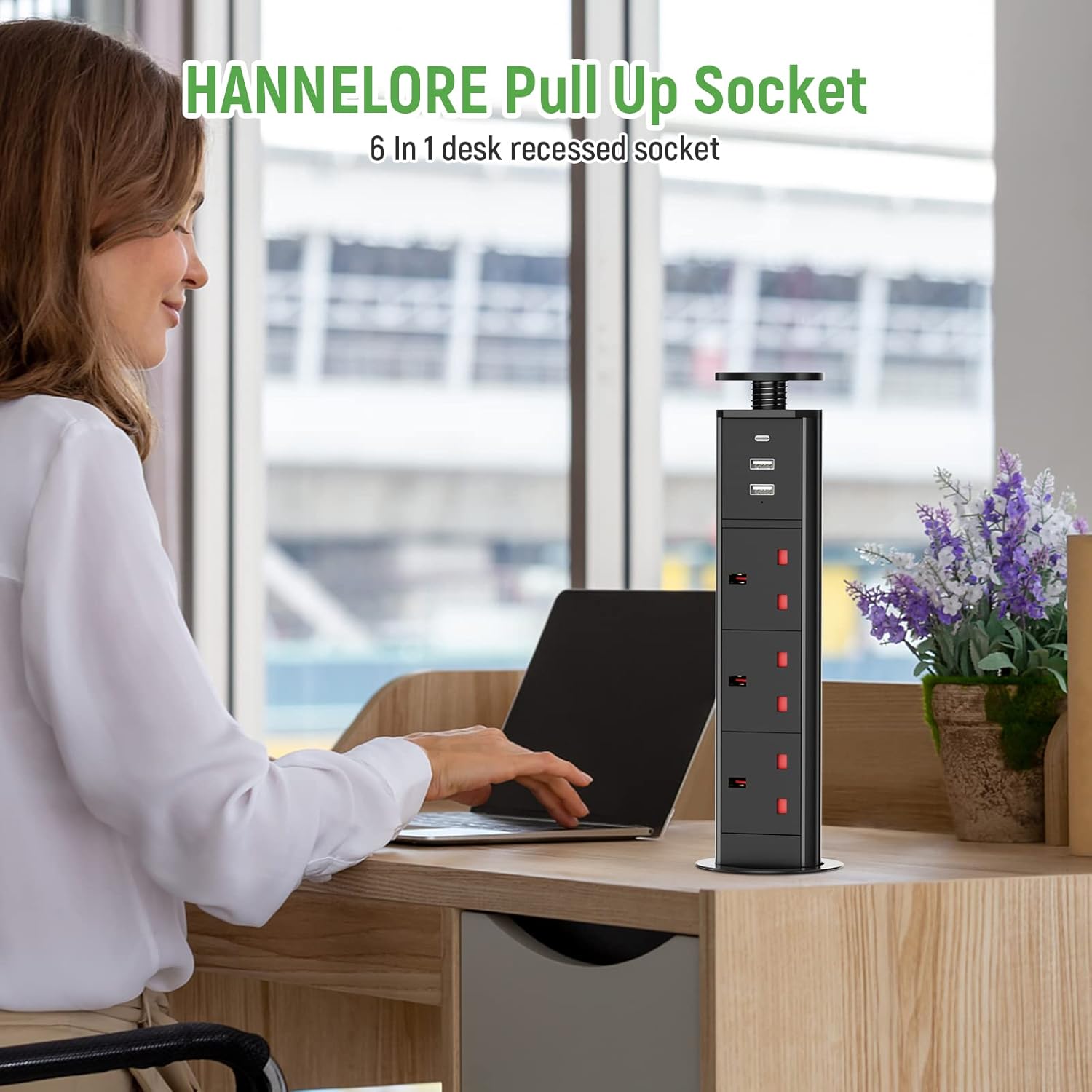 HANNELORE Pull Up Plug Sockets with USB C PD20W, Pop Up Sockets Extension 3 Outlets and 2 USB, Recessed Hidden Power Socket For Kitchen Worktops Desktop Home and Office, 13A/3250W, 1.8M Cable, Black
