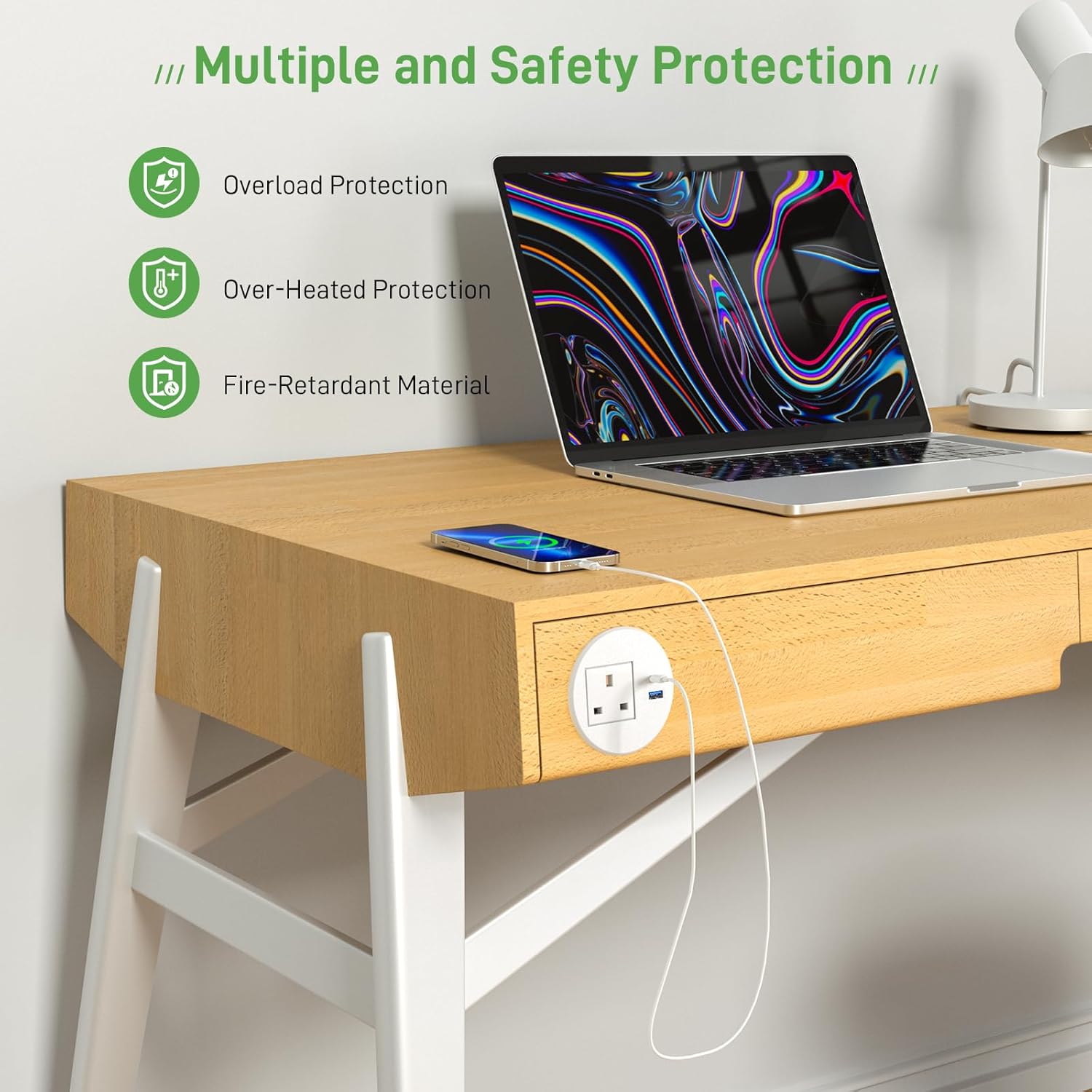 Power Strip USB C PD20W, Desk Socket With USB, Power Grommet 80MM, Recessed Socket Extension Lead 2M Cord, White