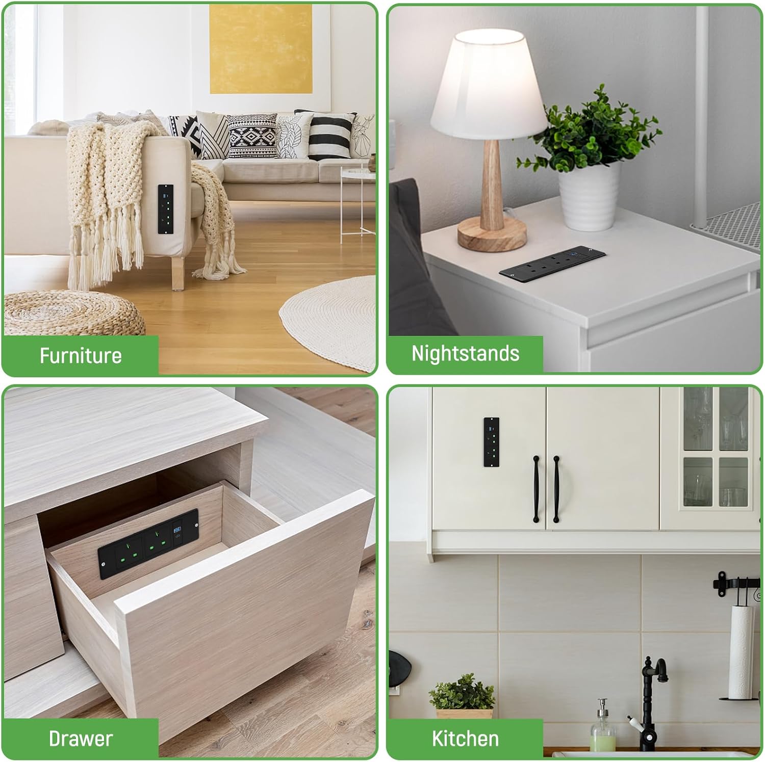 Recessed Power Strip with USB C PD20W, Desk Power Socket with USB, Power Extension Lead 2 Outlets 2 Screws, Hidden in Furniture Desk Table, 2M/6.6FT Cable, Black