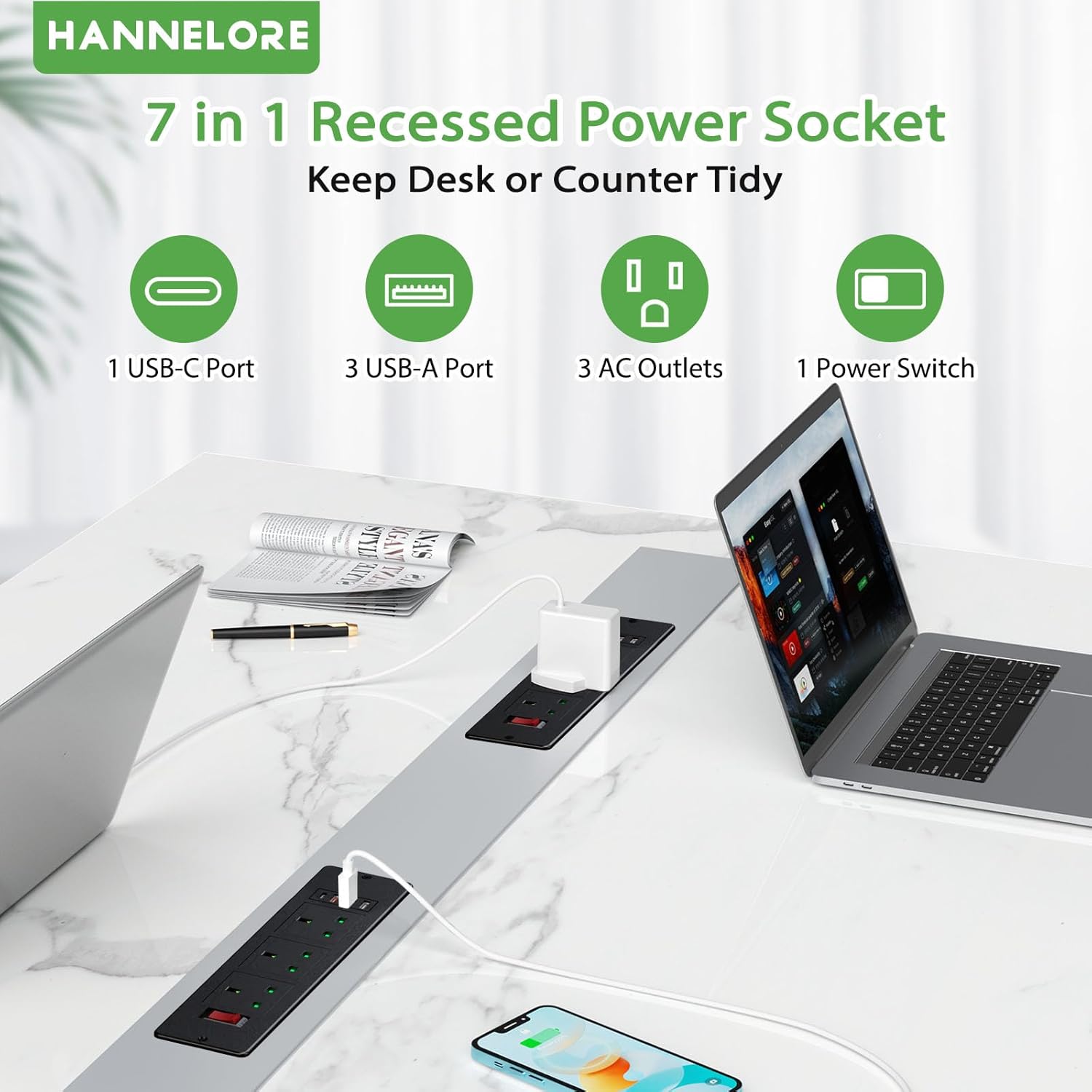 Desk Power Socket with USB C PD20W, Recessed Power Strip 3 Outlets and 3 USB, Desk Power Extension Lead with Switch for Furniture Kitchen Worktops, 2M Cable, Black, HANNELORE