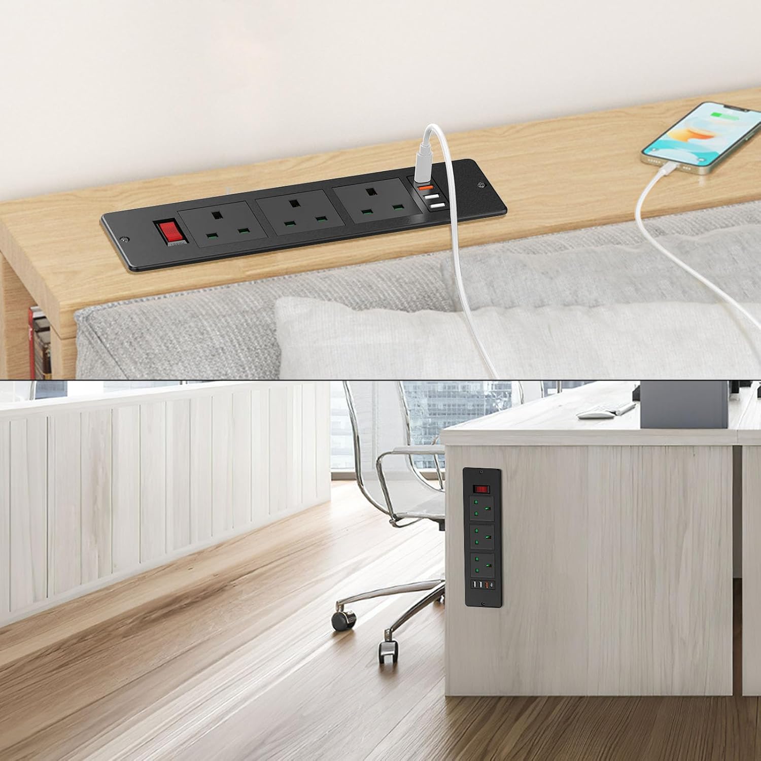 Desk Power Socket with USB C PD20W, Recessed Power Strip 3 Outlets and 3 USB, Desk Power Extension Lead with Switch for Furniture Kitchen Worktops, 2M Cable, Black, HANNELORE