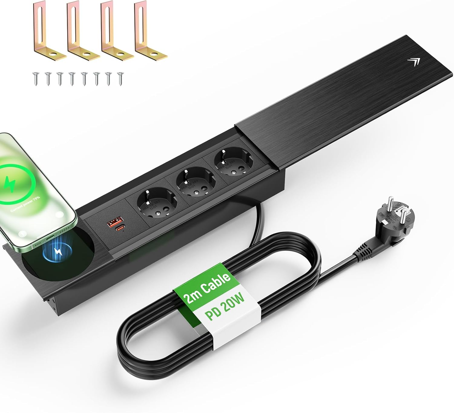 Tischsteckdose 3 Fach mit USB C PD20W, Einbau Steckdosenleiste mit USB und 15W Kabellosem Ladegerät, Metall Deckel, Einbausteckdose Versenkbare Steckdose für Schreibtisch Küche Büro, Schwarz, 2M Kable