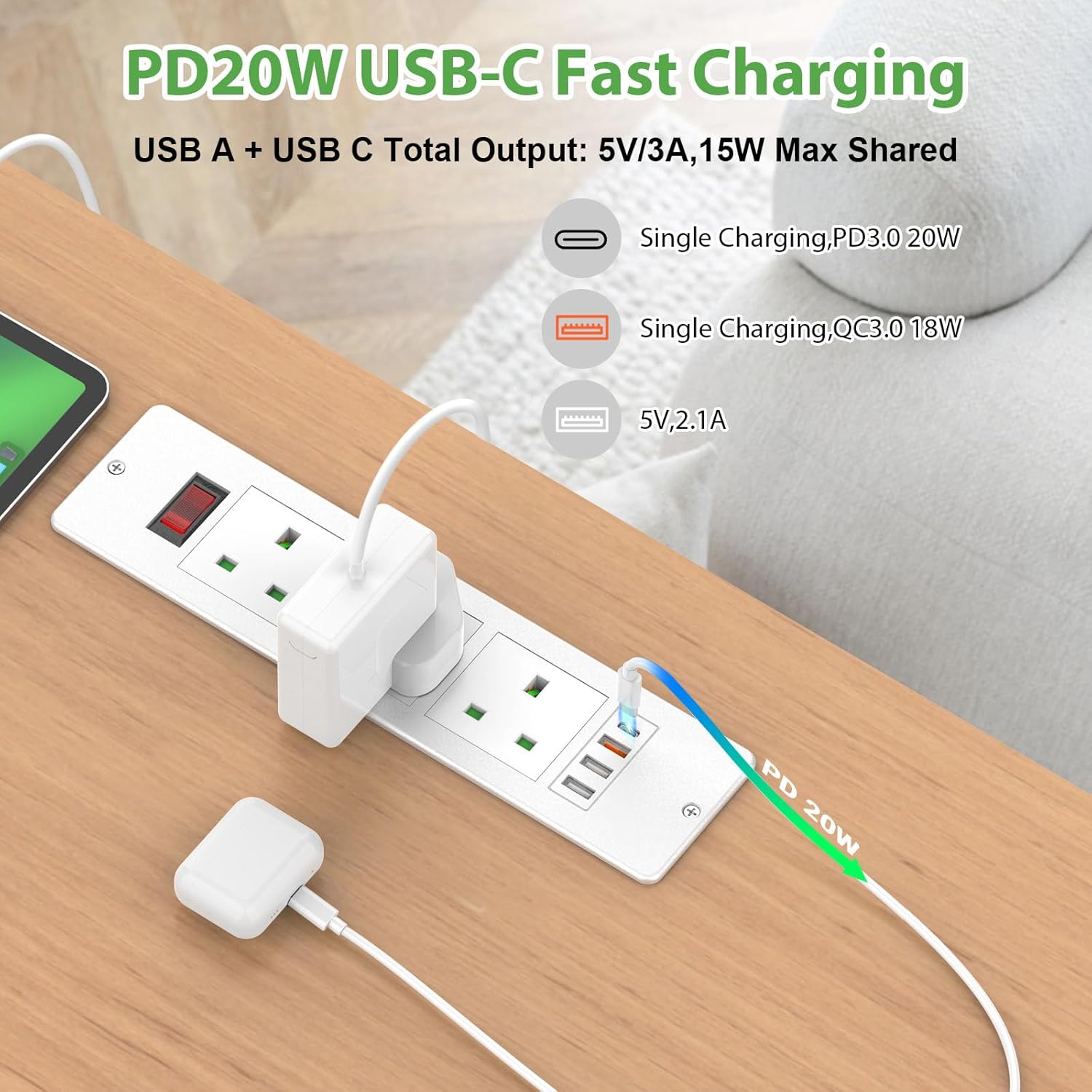 Recessed Power Strip with USB C PD20W, Desk Power Socket Extension Lead with Switch, Power Strip with 3 Outlets 3 USB for Furniture Kitchen Worktops, 2M Cable, White
