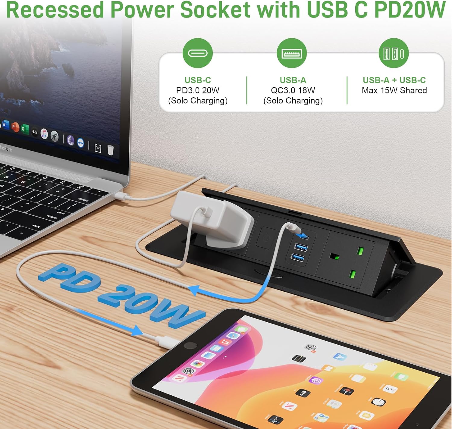 Recessed Power Strip with USB C PD 20W, Pop Up Sockets with Switch for Kitchen Worktops, Desk Power Socket 2 UK Plug and 2 USB A, Metal Shell, 1.8M Cable, Black