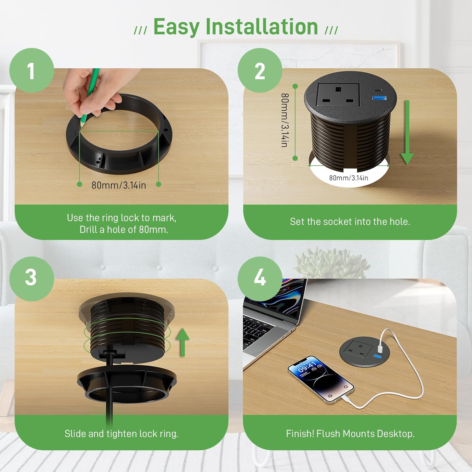 Desk Power Strip USB C PD20W, Desk Grommet Power Socket 80MM, Recessed Power Socket with USB, Desk Extension Lead 2M Extension Cord, Black