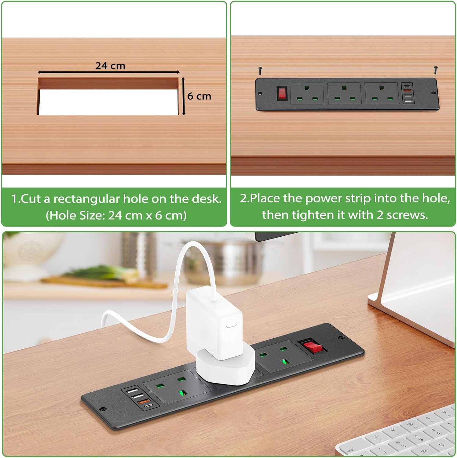 Desk Power Socket with USB C PD20W, Recessed Power Strip 3 Outlets and 3 USB, Desk Power Extension Lead with Switch for Furniture Kitchen Worktops, 2M Cable, Black, HANNELORE