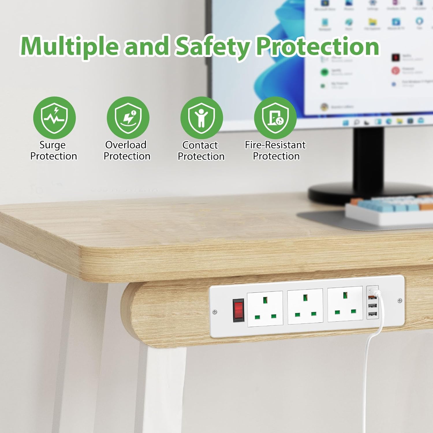 Recessed Power Strip with USB C PD20W, Desk Power Socket Extension Lead with Switch, Power Strip with 3 Outlets 3 USB for Furniture Kitchen Worktops, 2M Cable, White