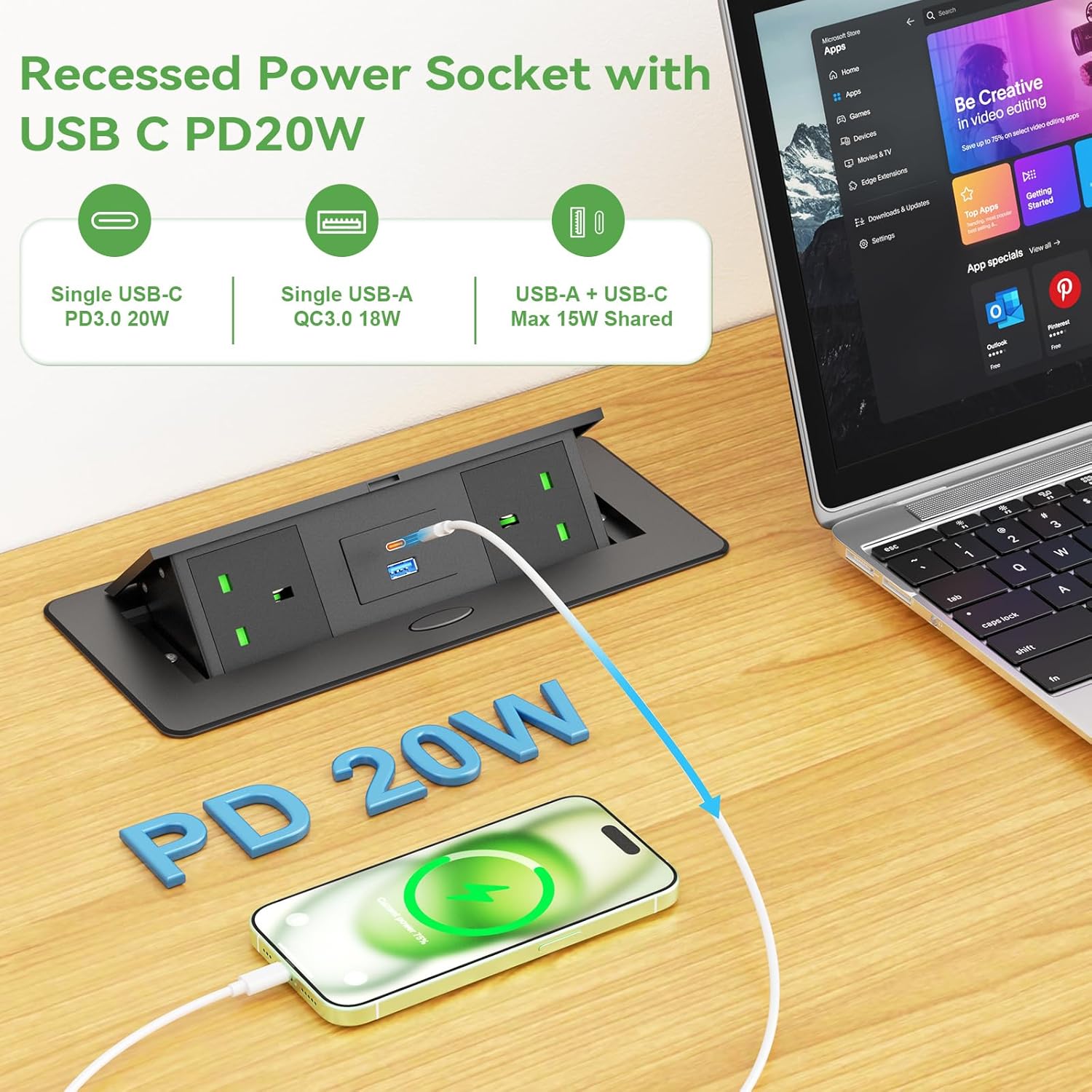 Desktop Power Socket with USB C PD20W, Aluminum Recessed Power Strip 2 UK Plug, Hidden Pop Up Sockets for Kitchen Worktops Conference Desk, Desk Power Outlet with USB C PD20W, 1.8M Cable, HANNELORE