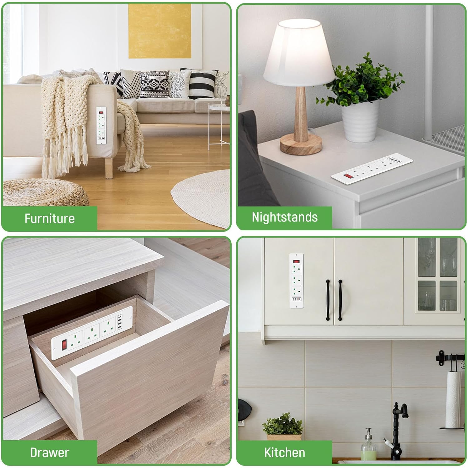 Recessed Power Strip with USB C PD20W, Desk Power Socket Extension Lead with Switch, Power Strip with 3 Outlets 3 USB for Furniture Kitchen Worktops, 2M Cable, White