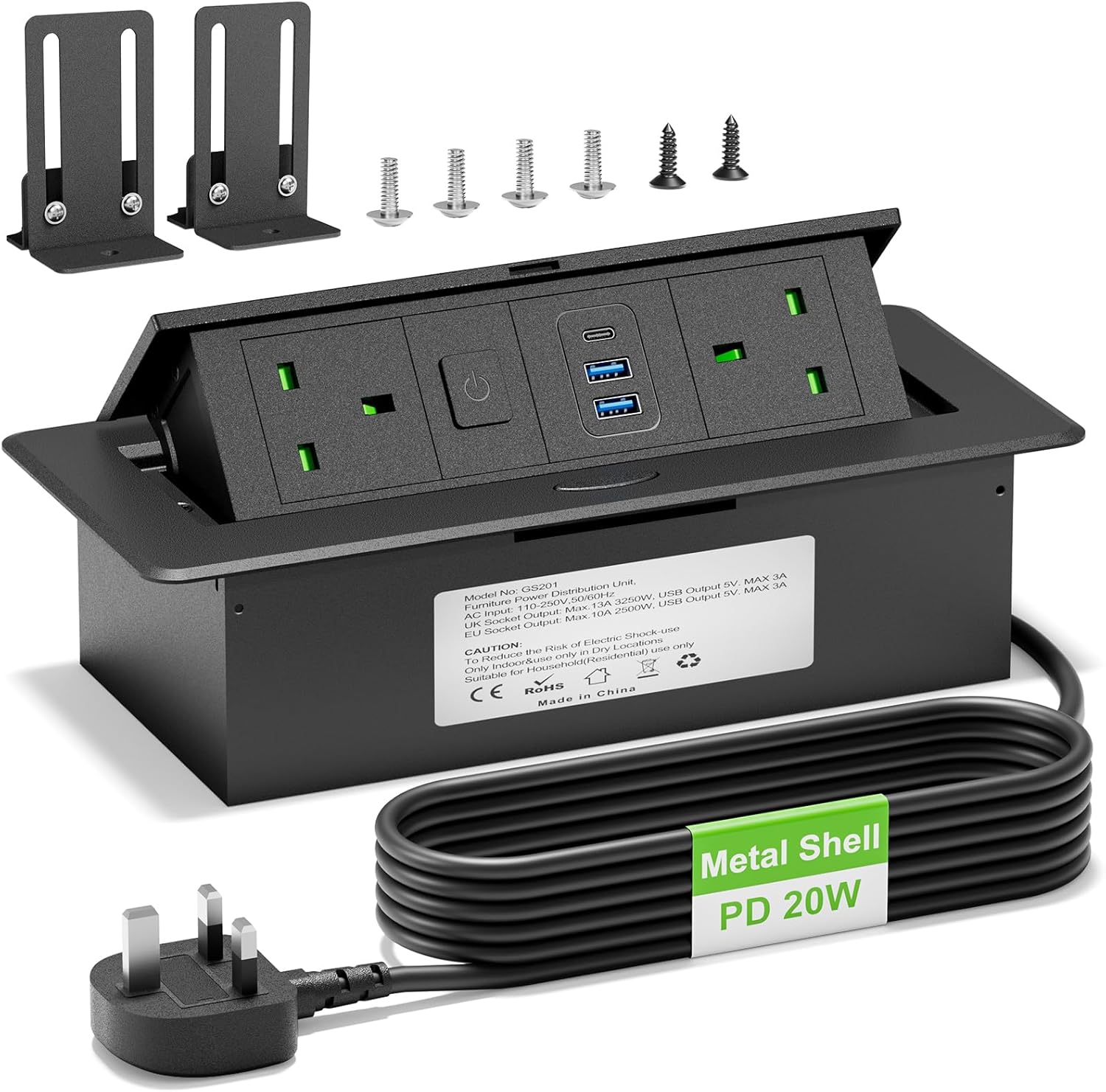 Recessed Power Strip with USB C PD 20W, Pop Up Sockets with Switch for Kitchen Worktops, Desk Power Socket 2 UK Plug and 2 USB A, Metal Shell, 1.8M Cable, Black