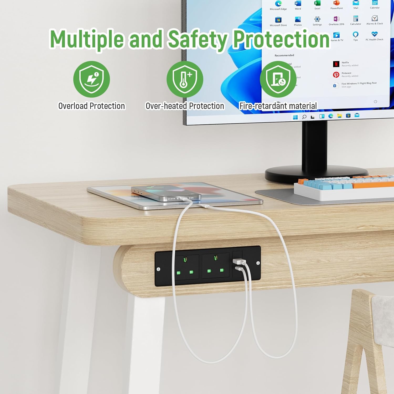 Recessed Power Strip with USB C PD20W, Desk Power Socket with USB, Power Extension Lead 2 Outlets 2 Screws, Hidden in Furniture Desk Table, 2M/6.6FT Cable, Black