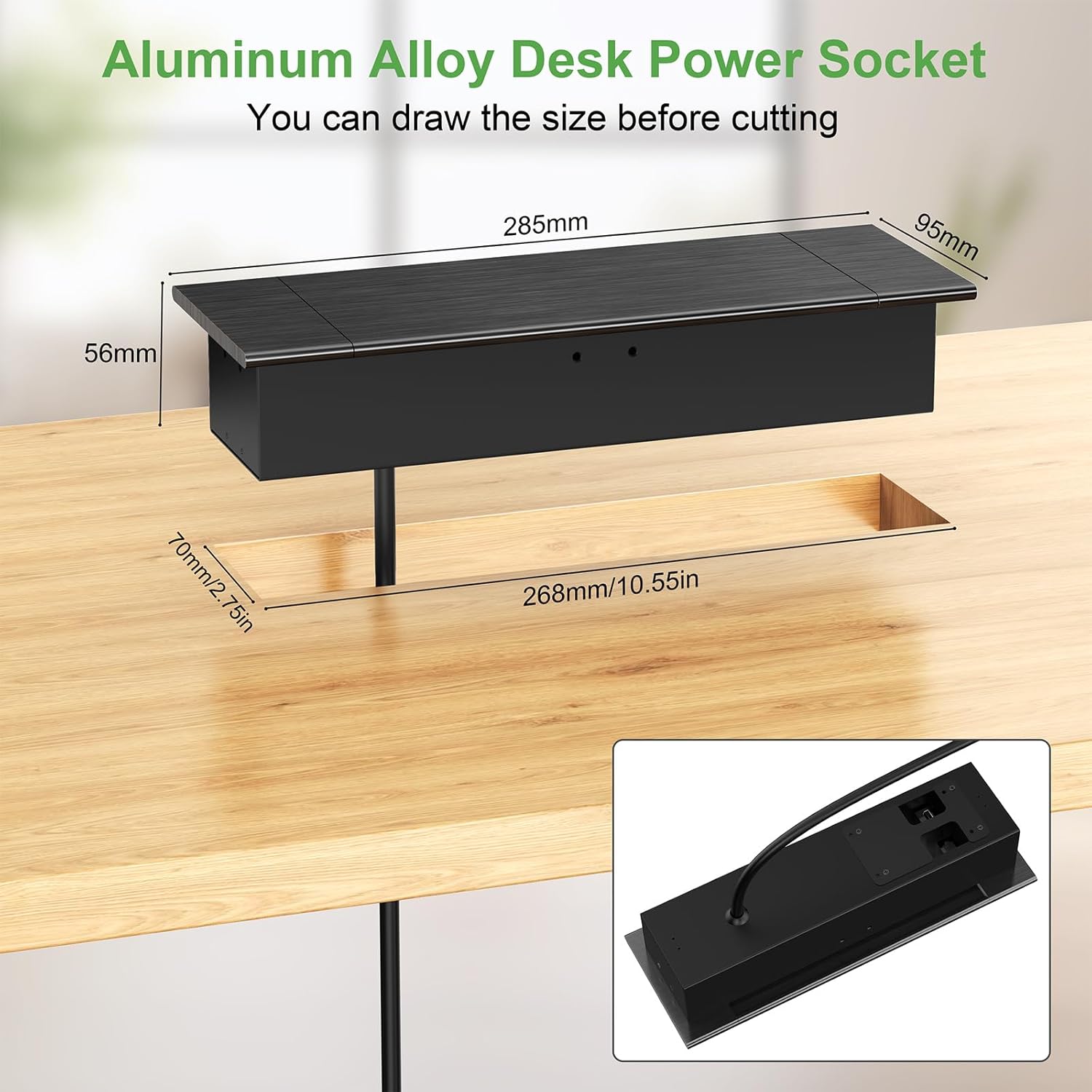 Desk Power Strip with USB C PD20W, Aluminum Recessed Power Socket with Cover, HDMI, RJ45 Port, Desk Extension Lead with USB, 2M Cable, Black