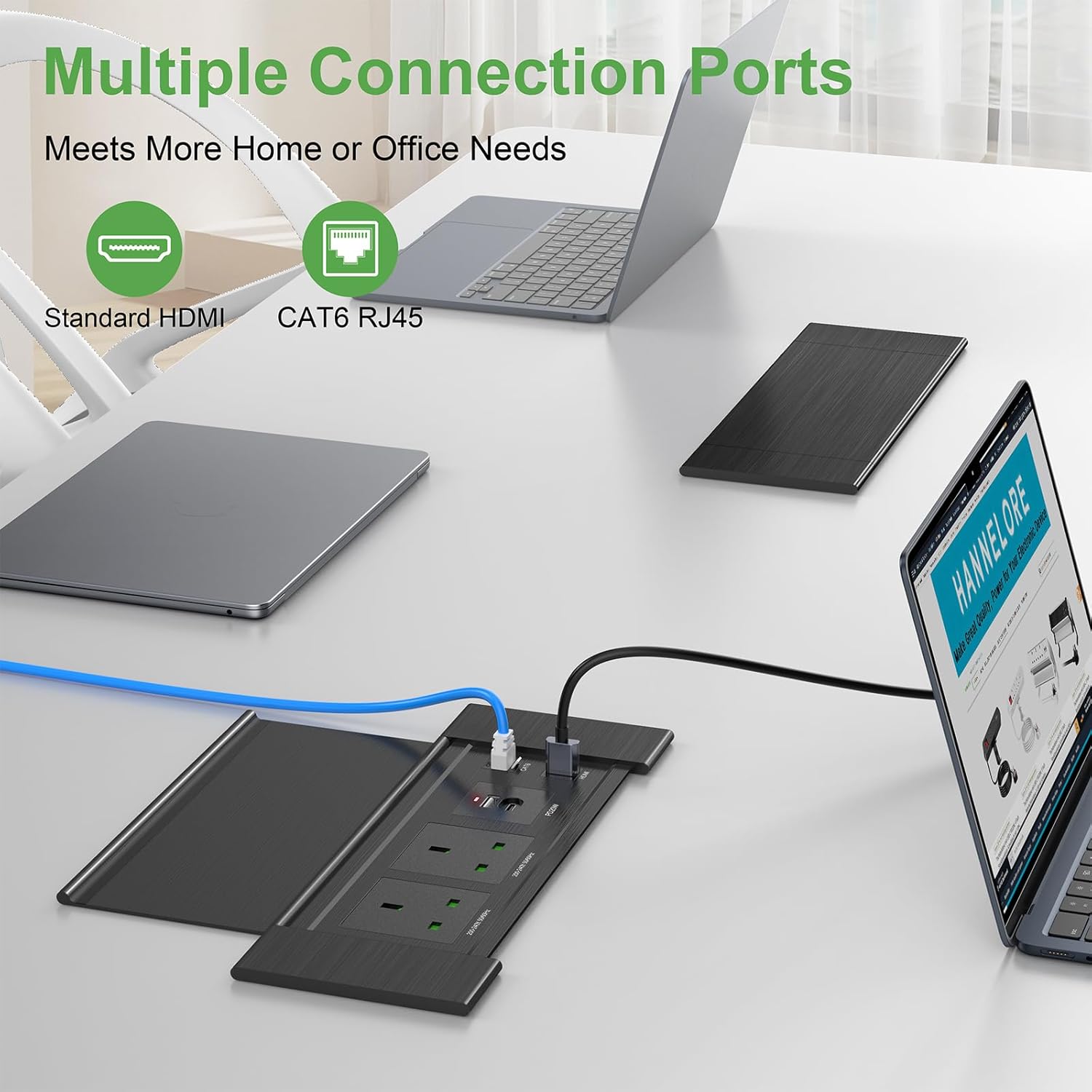 Desk Power Strip with USB C PD20W, Aluminum Recessed Power Socket with Cover, HDMI, RJ45 Port, Desk Extension Lead with USB, 2M Cable, Black